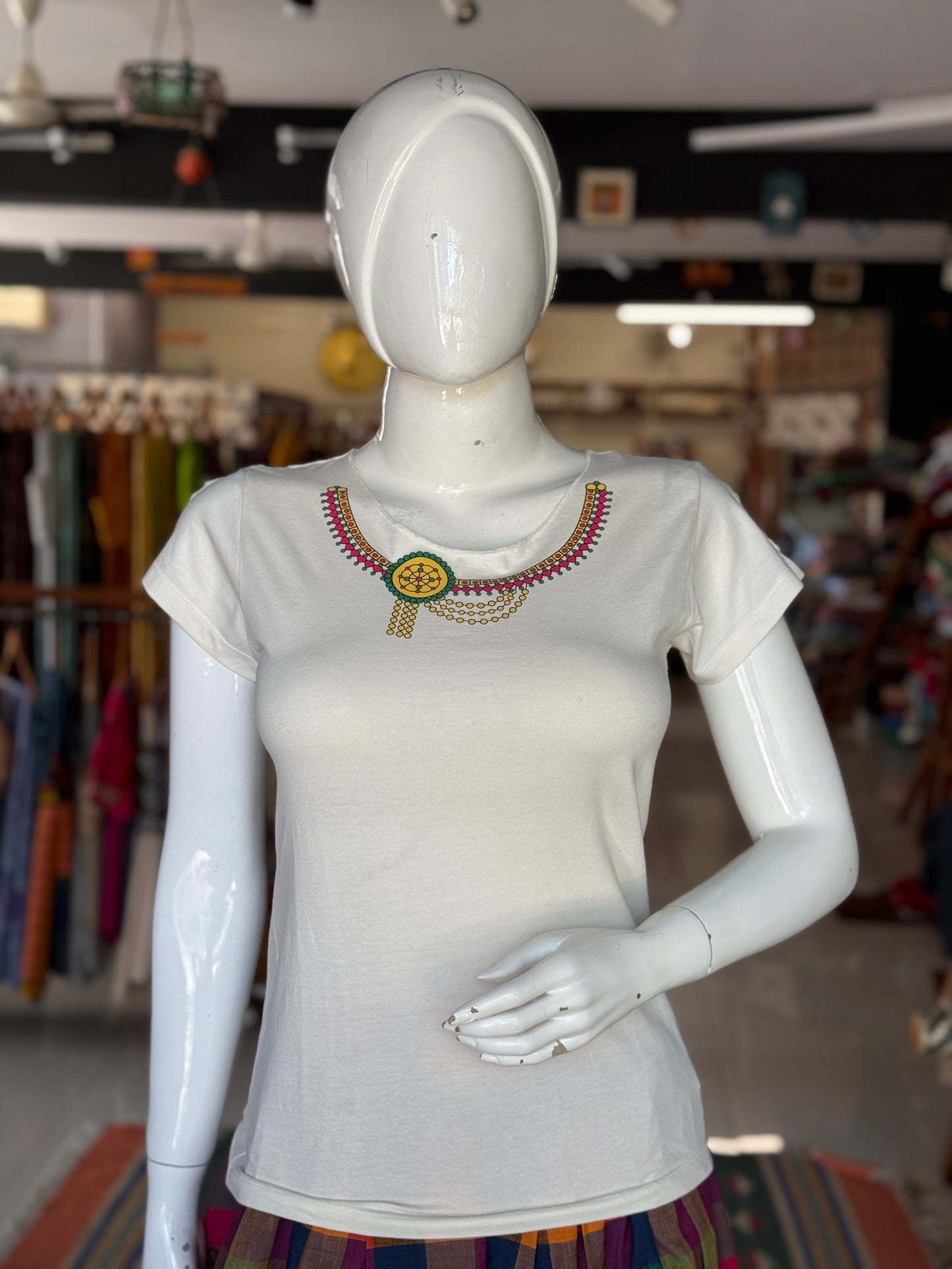 Off white women’s tee - cotton, with quirky necklace print along the neckline