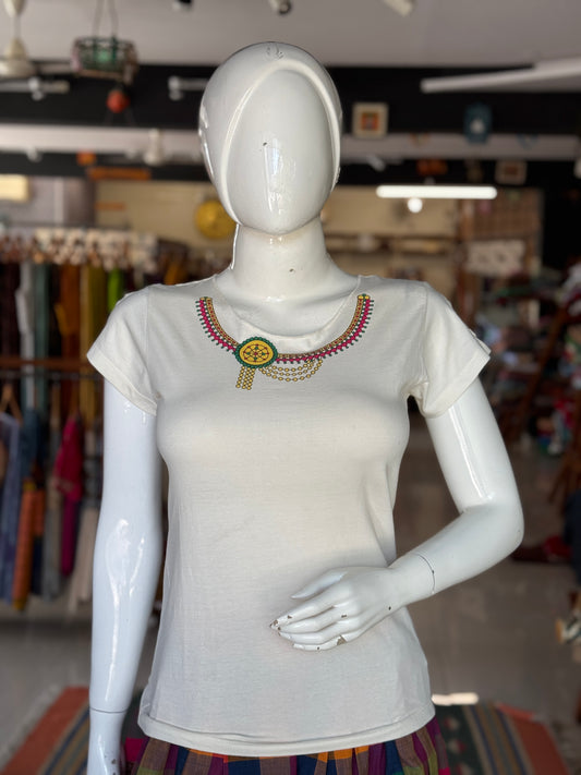 Off white women’s tee - cotton, with quirky necklace print along the neckline