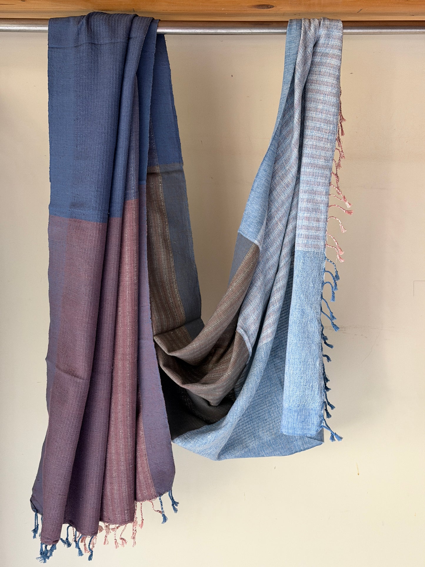 Blue, grey, purple handwoven textured cotton sofa throw with multiple weaving patterns