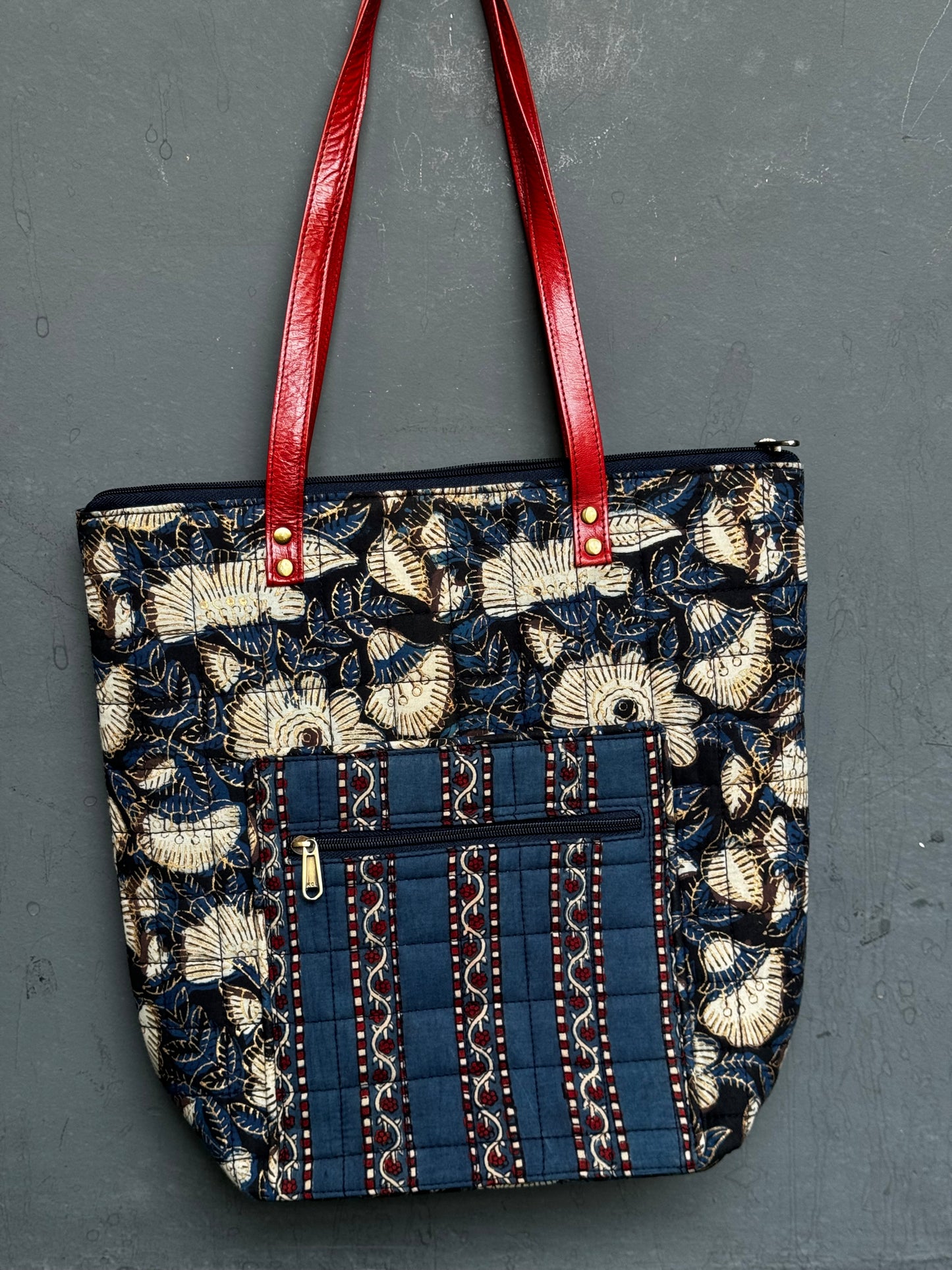 Quilted hand block printed, hand crafted fabric tote bag with front pocket and leather handles