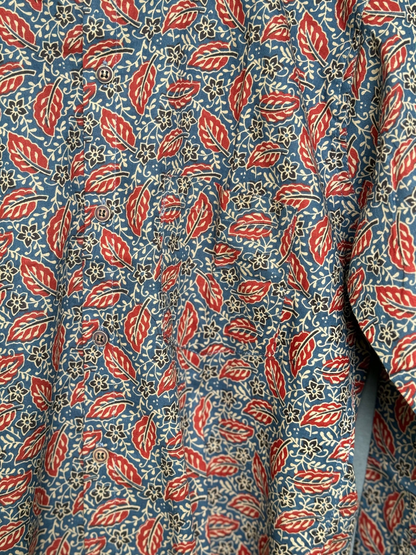 Indigo and maroon leaves hand block printed full sleeves cotton shirt for men