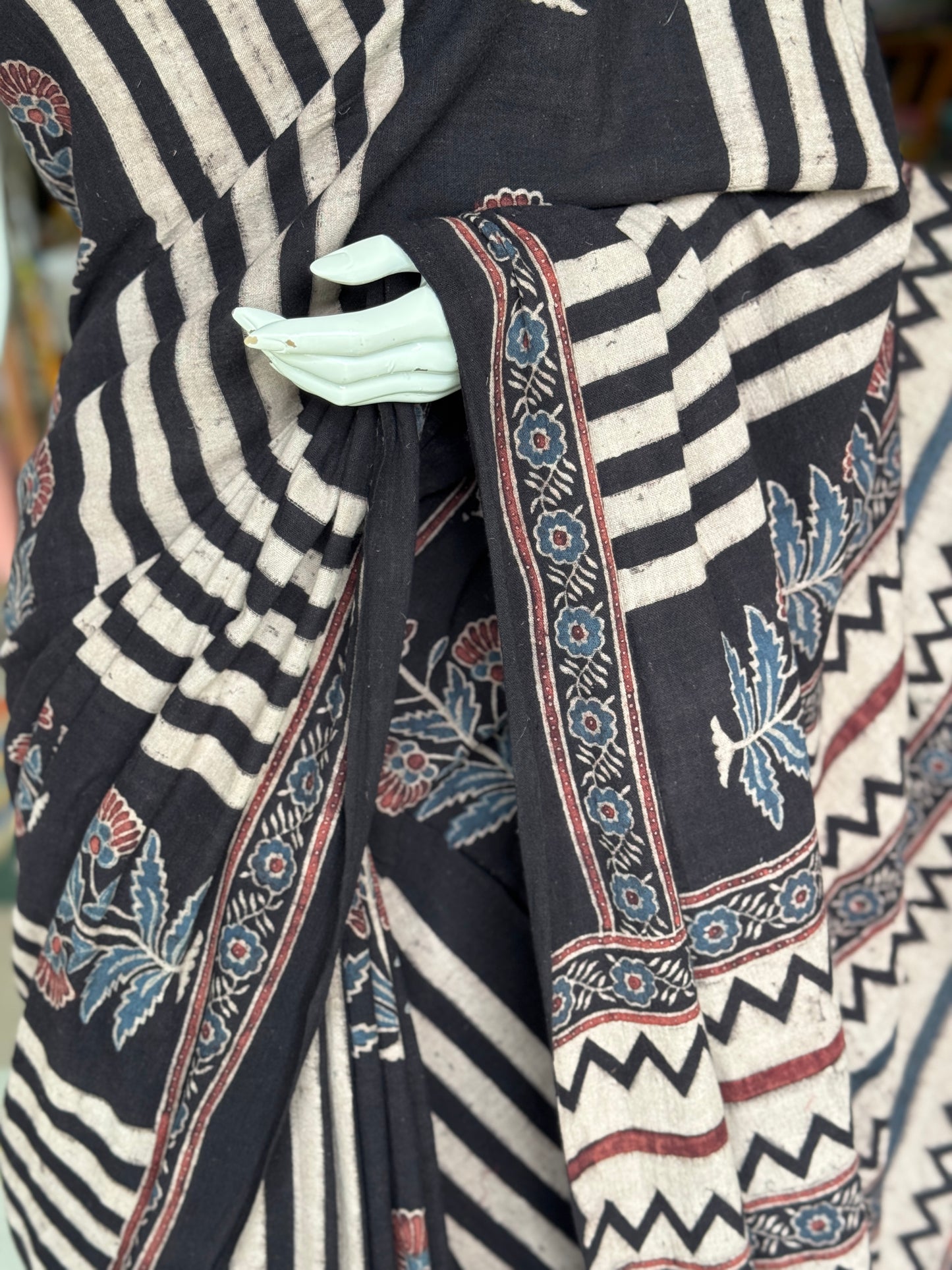 Kala cotton hand woven saree with black stripes and flowers Ajrakh hand block print