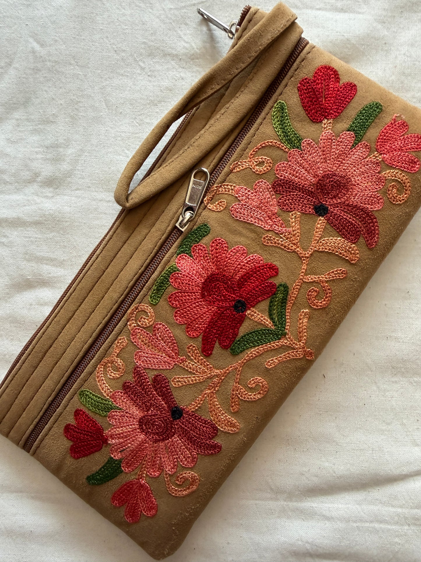Wristlet pouch with Kashmiri floral Aari embroidery - 3 zippers - color options available