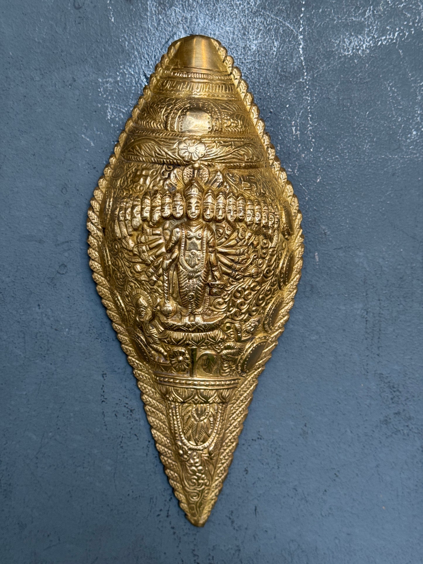 Vishwaroopam - Vishnu ji on brass shell shaped vintage wall plate