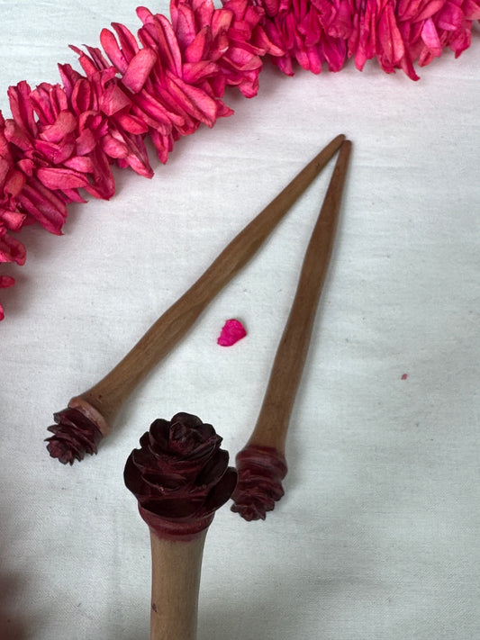 Wooden hair bun pins handcrafted with carved flower on top