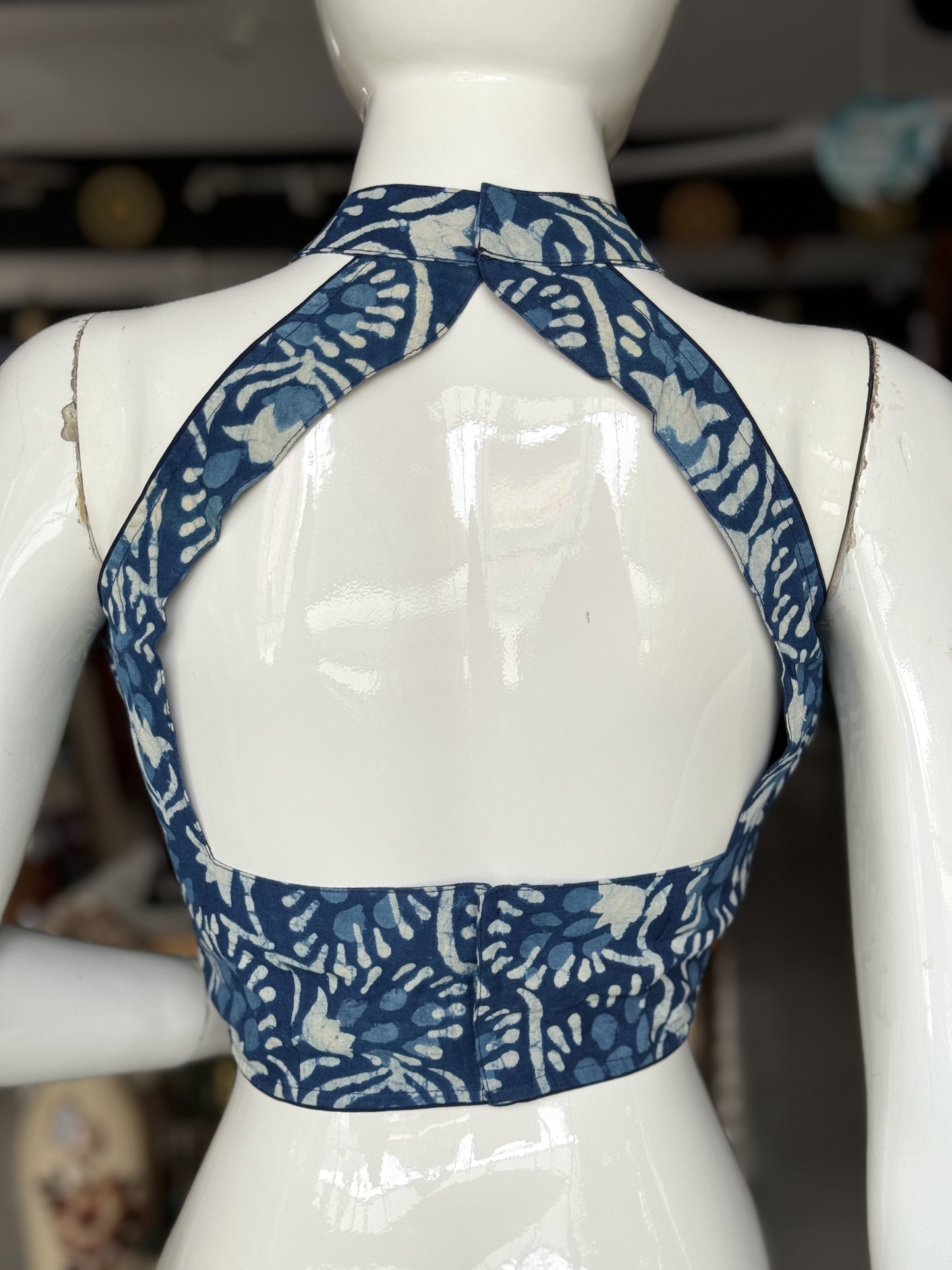 Indigo handblock printed cotton halter neck blouse