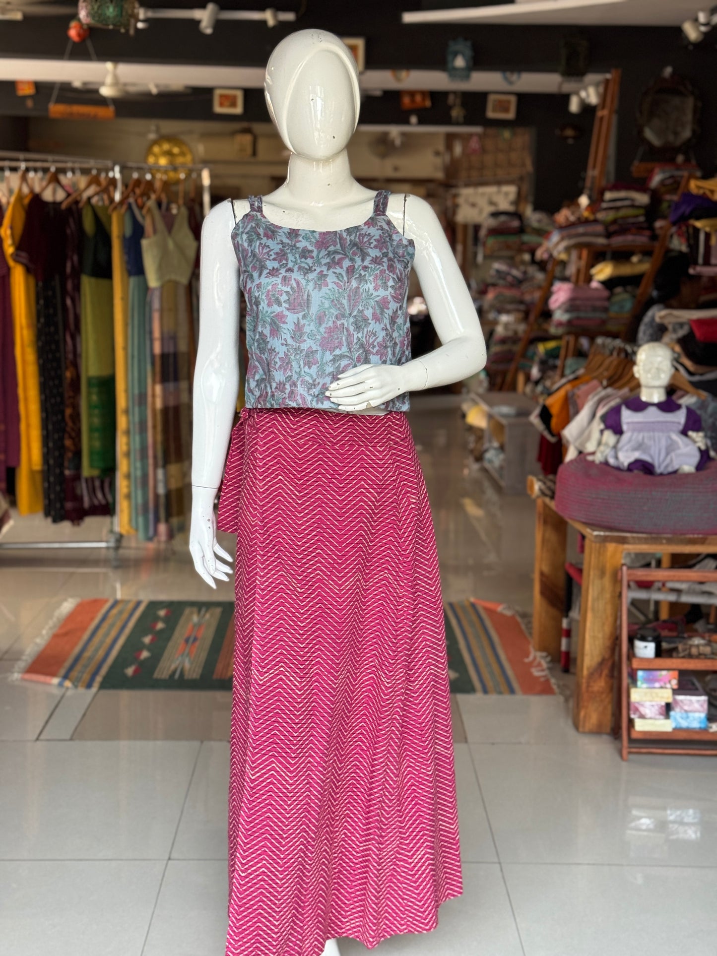 Pastel blue floral hand block printed light and soft kota doria cotton crop top with braided straps