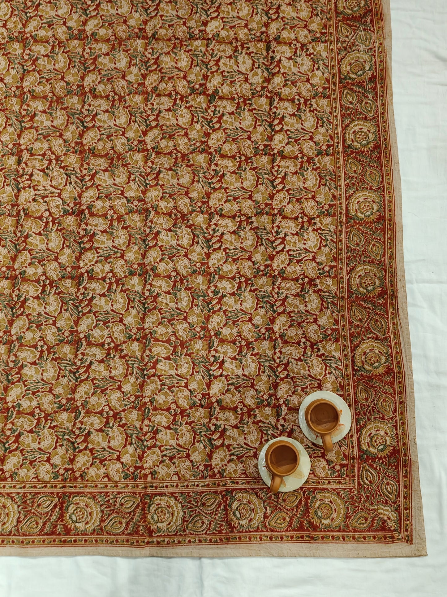 Red green floral hand block print single 60 x 90 inches size Kalamkari Bedsheet / table cover