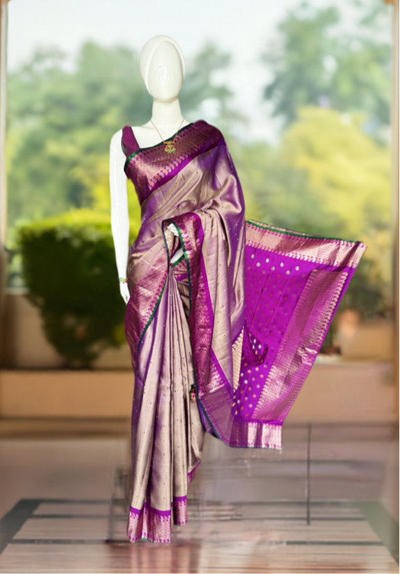 Purple and gold dual tone pure silk twill weave handwoven Gadwal saree with green selvedge