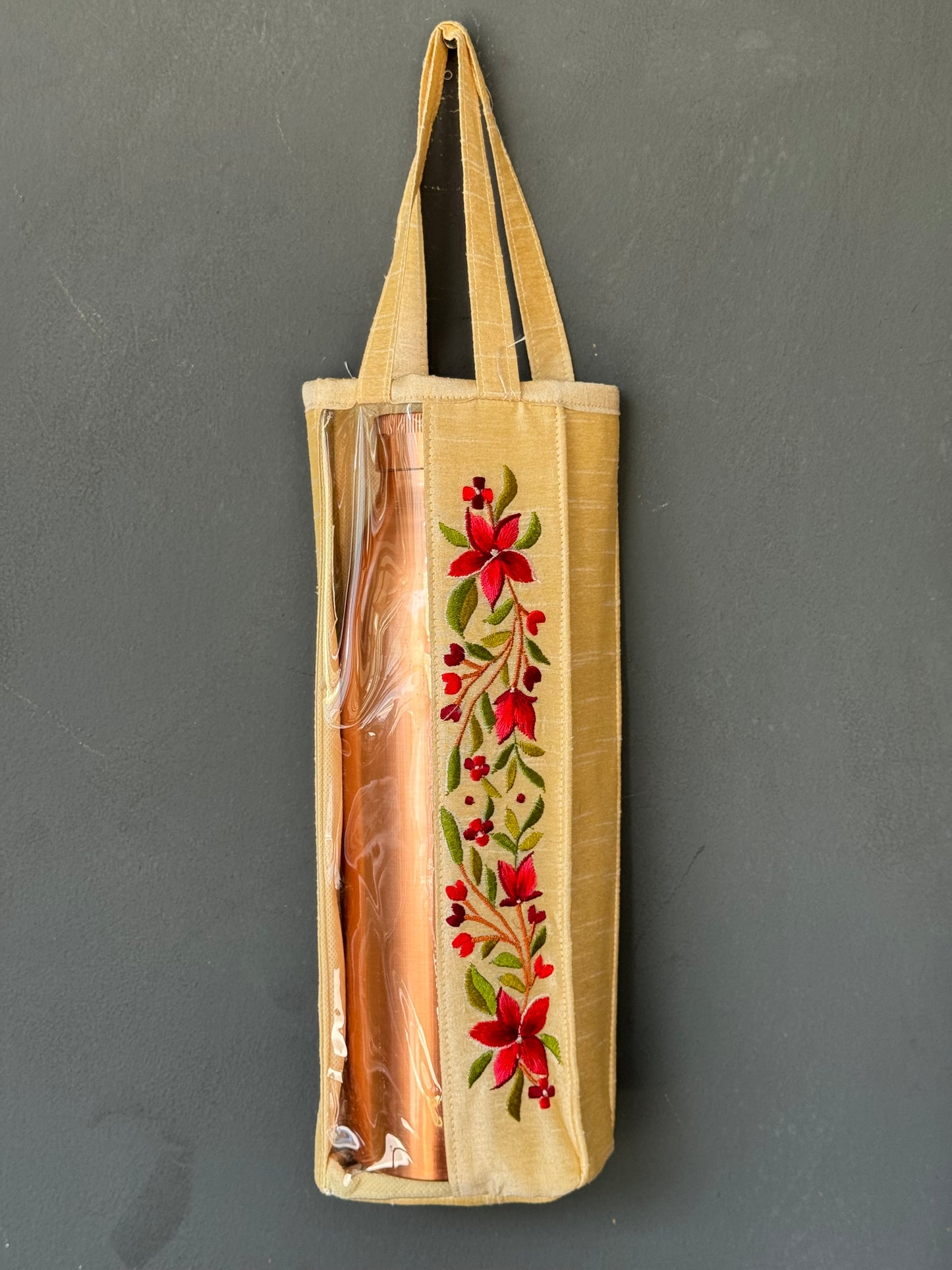 Bottle holder bag - art silk with machine embroidery