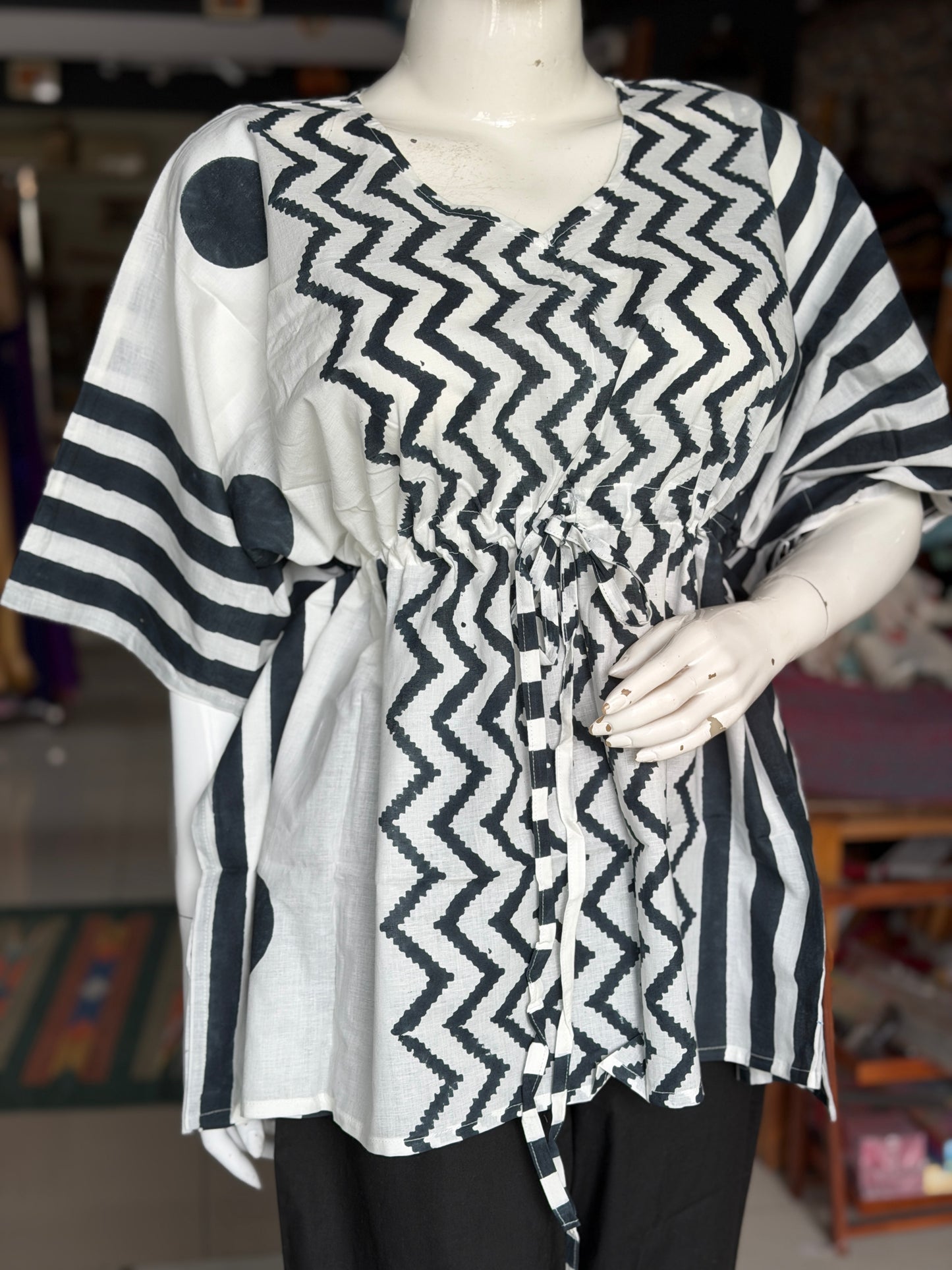 White black Kaftan top in cotton hand block prints and plain cotton pants - 2 piece set