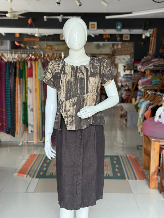 Black and beige hand block printed cotton top with short sleeves