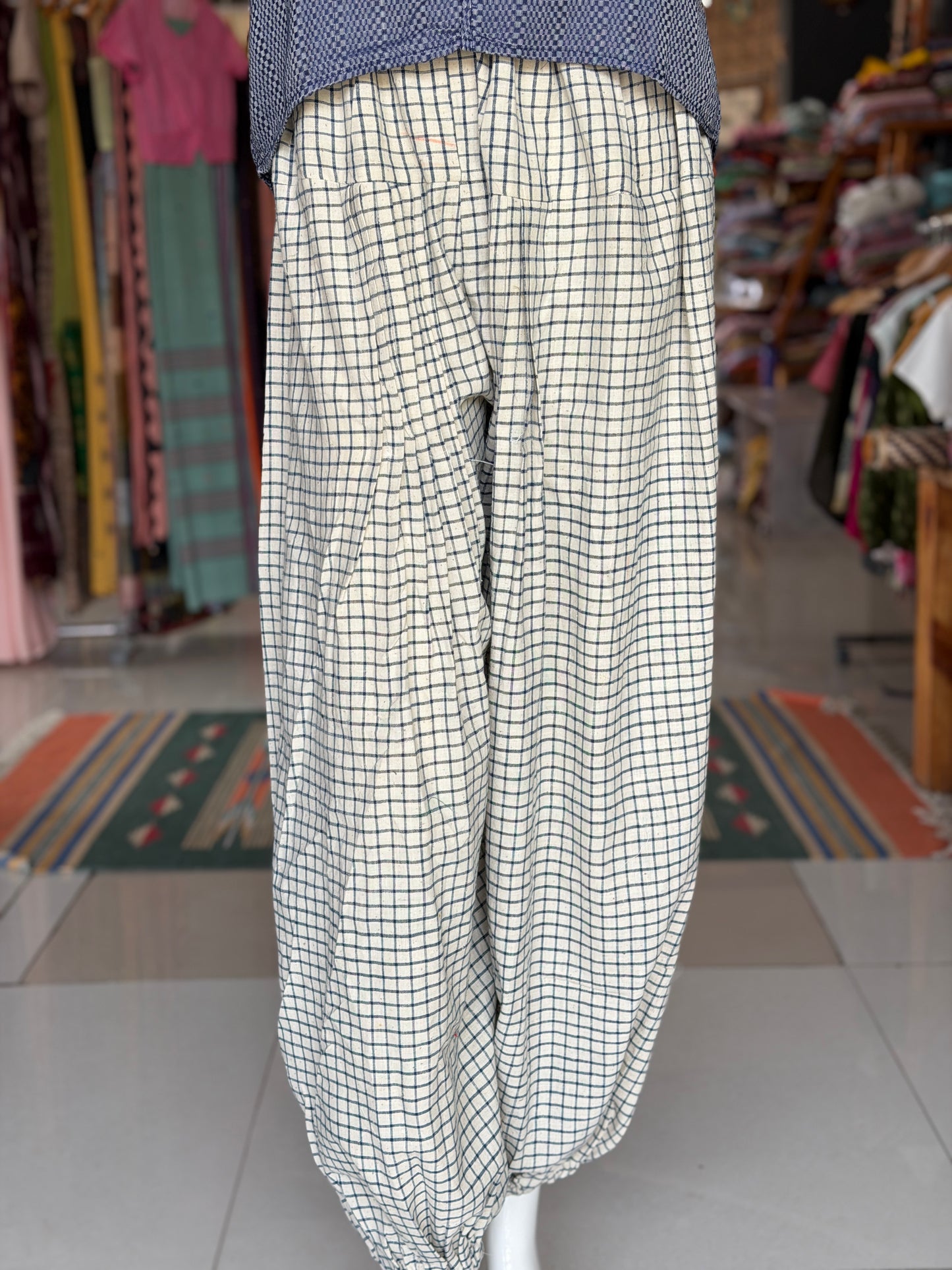 Off white and blue checks, hand spun, hand woven, natural dyed cotton harem pants for women with elastic hem