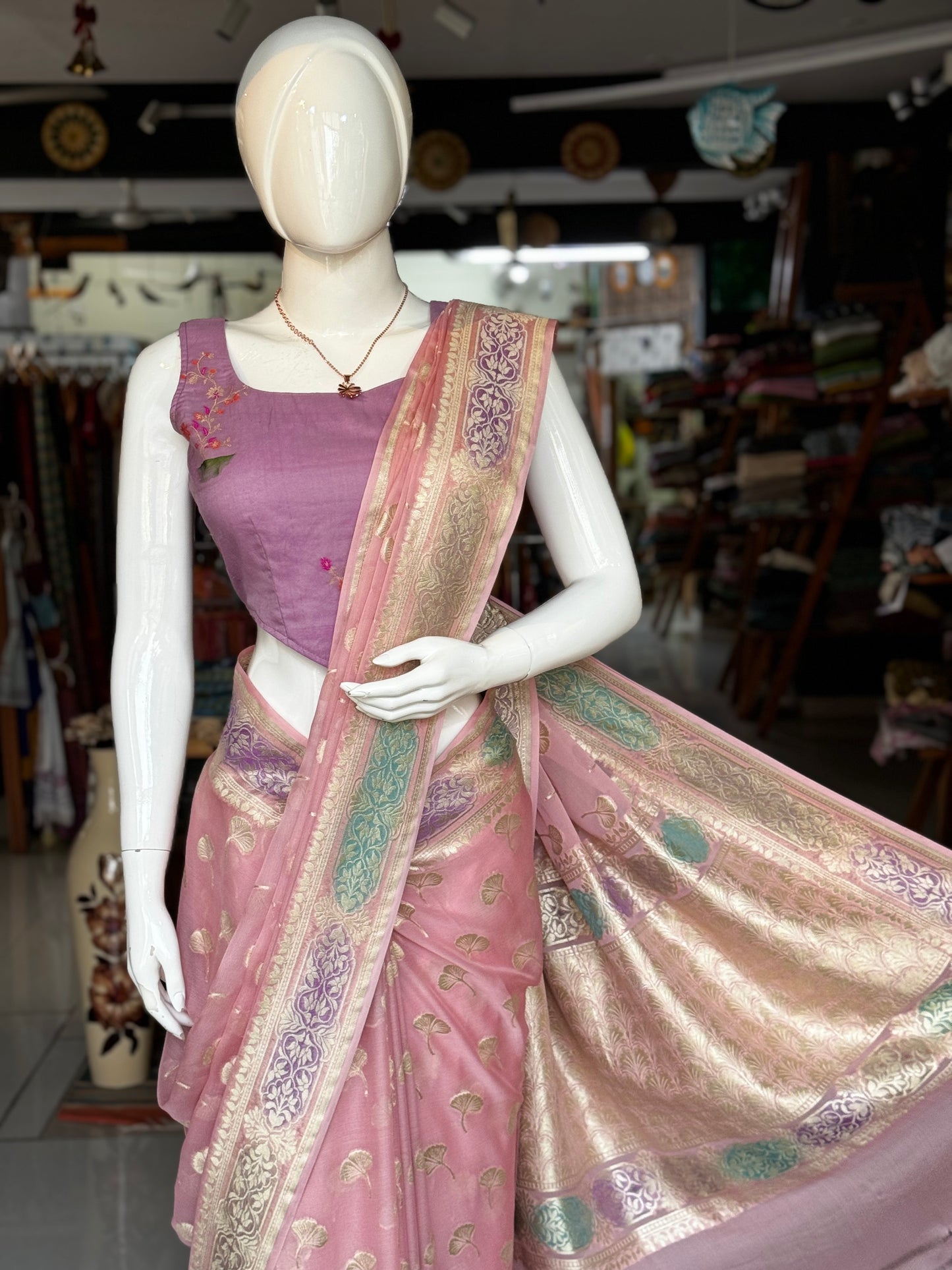 Lavender Banarasi back open sleeveless blouse with flower motifs and V waist