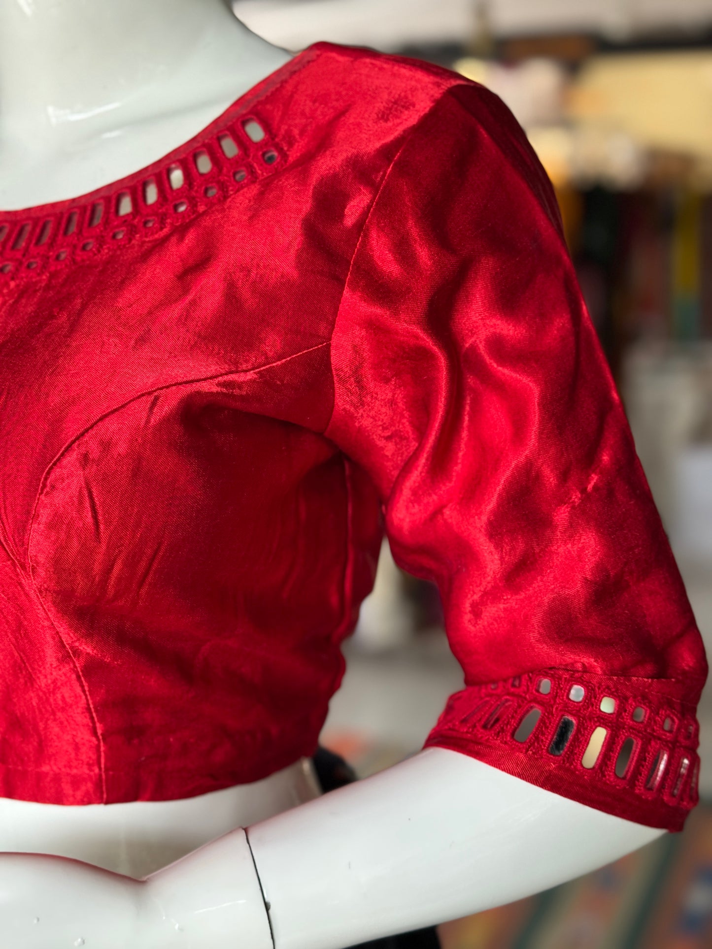 Red mirror work hand embroidered Mashru blouse