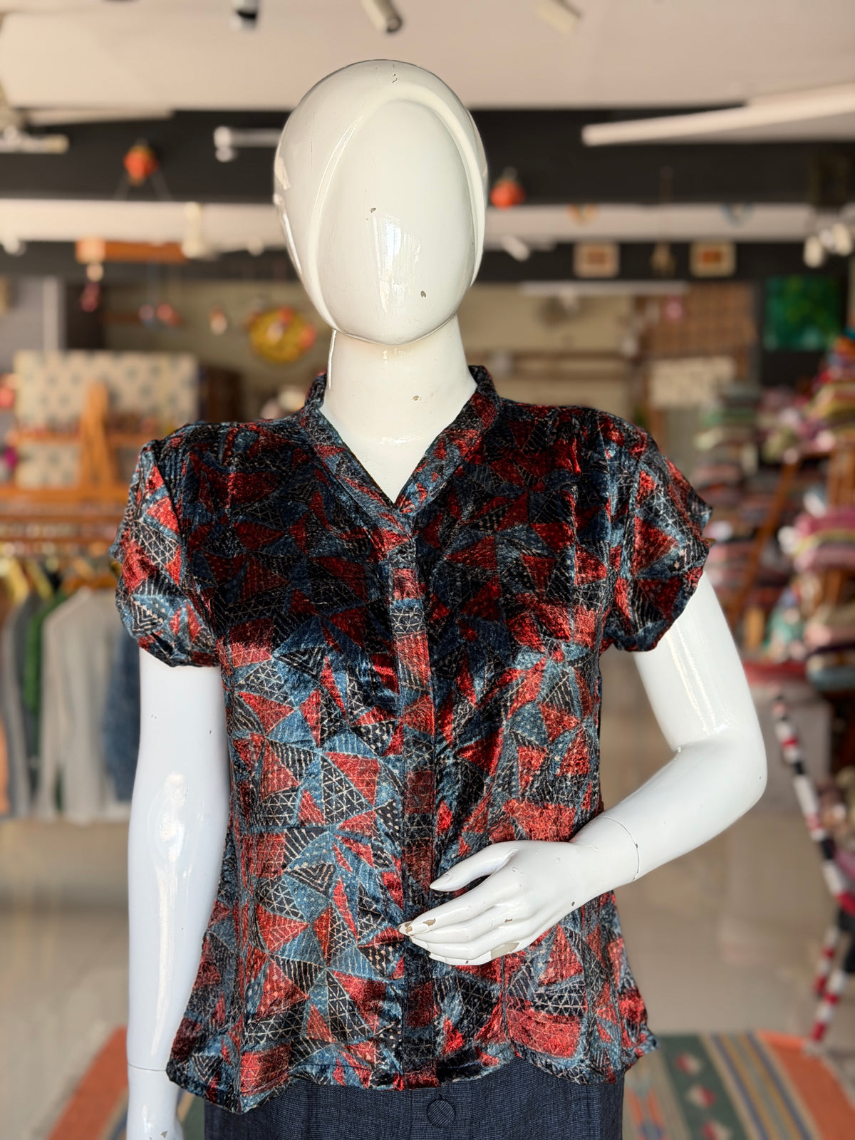 Indigo velvet Ajrakh hand block printed top
