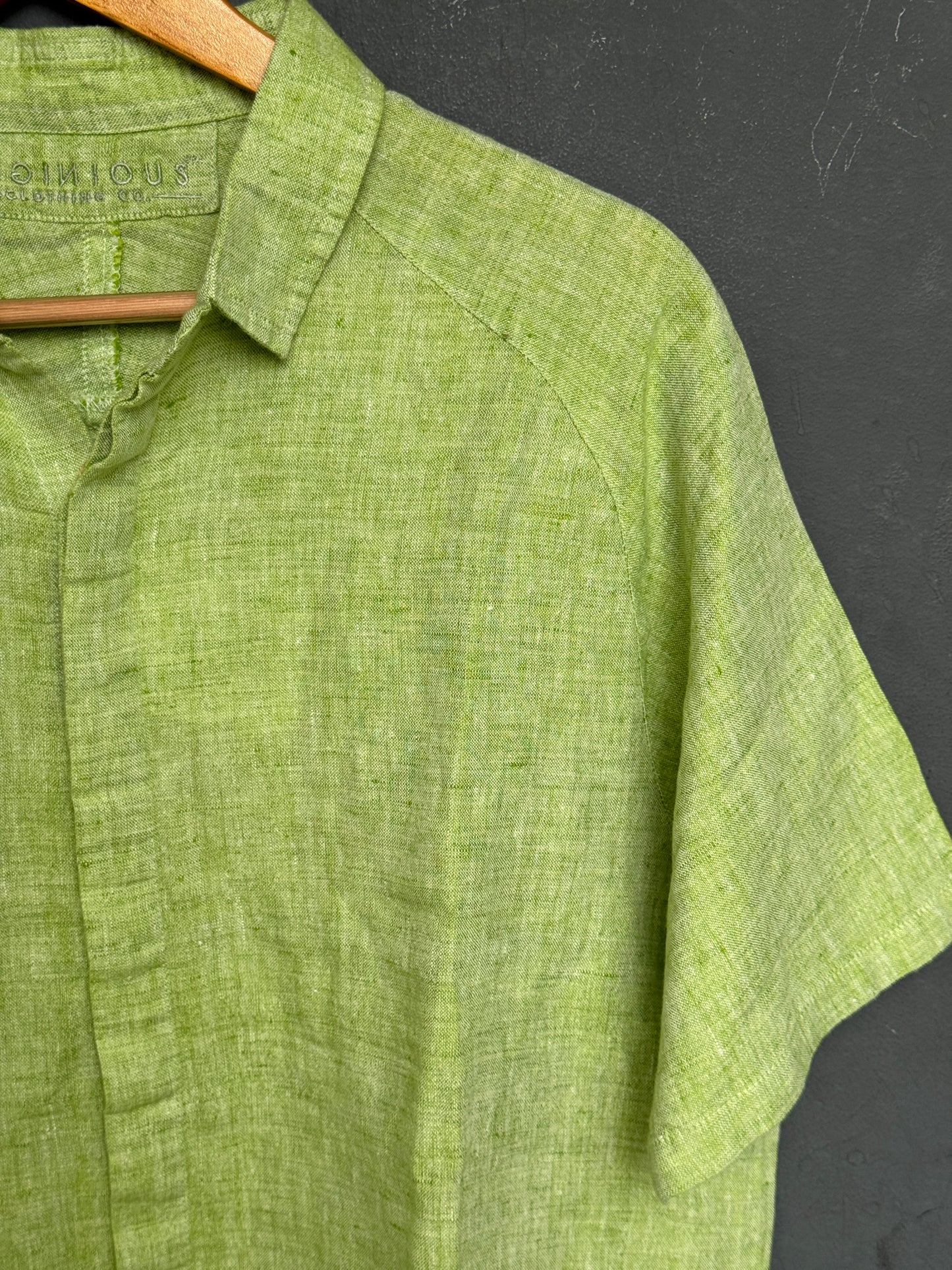 Green raglan sleeves handwoven linen shirt for men