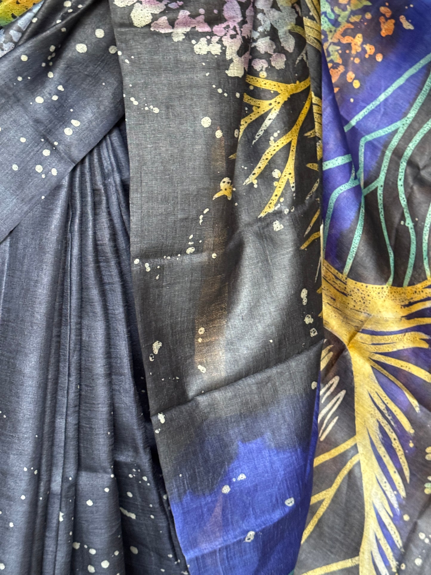 Navy Blue and Royal blue hand painted pure tussar silk saree - big tree on the palla