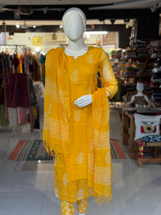 Marigold hand block printed kota cotton straight kurti, pants and dupatta set - with hand embroidery