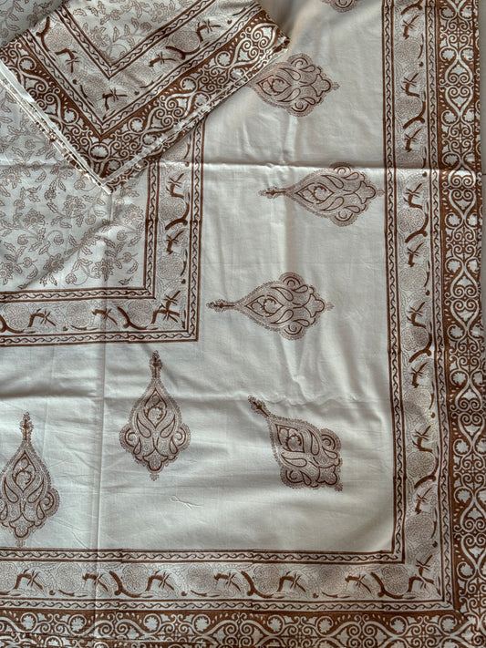 Brown floral print (brass hand block prints) on off white base pure cotton king size bedsheet