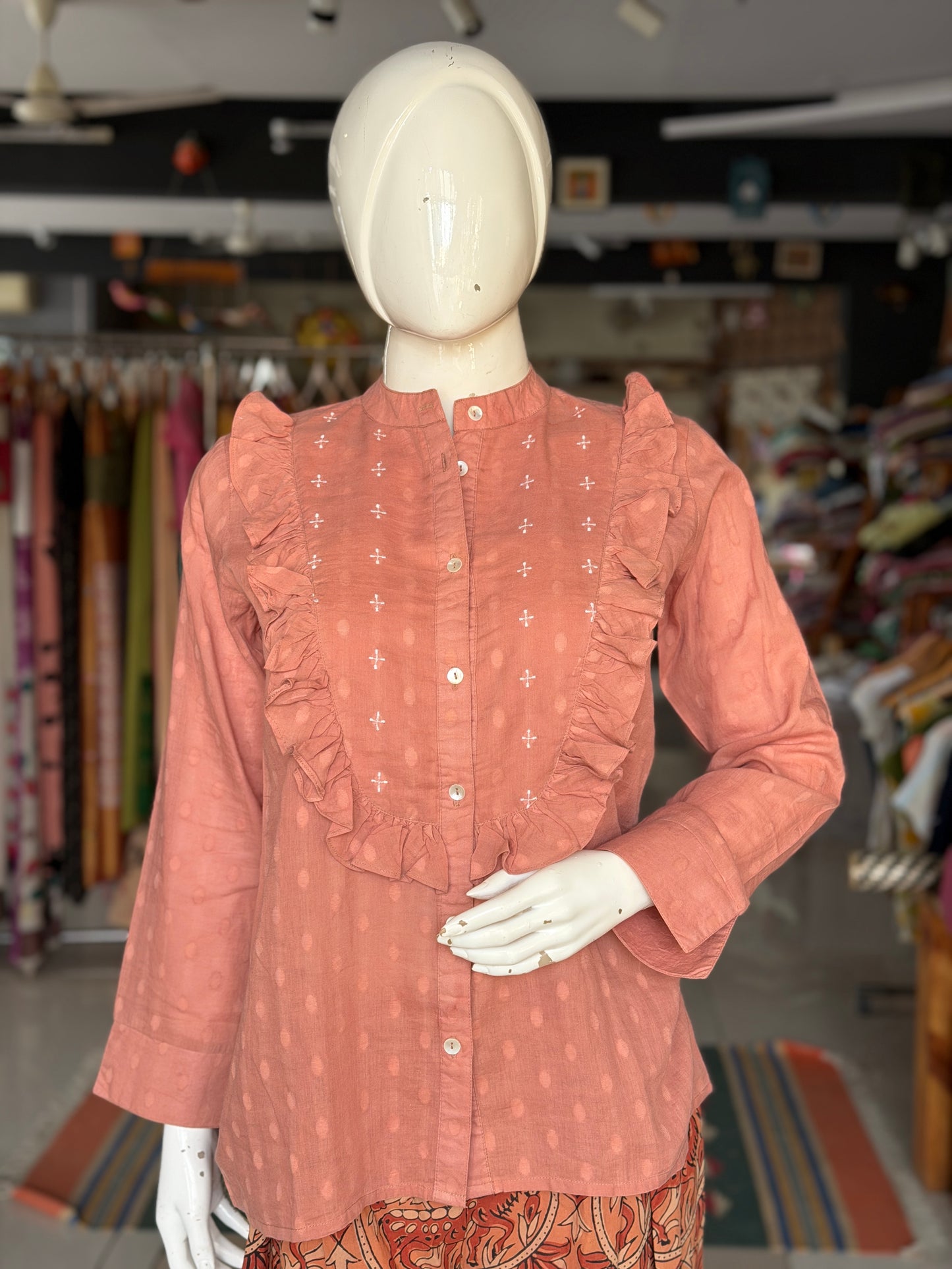 Peach dobby cotton ruffles full sleeves top