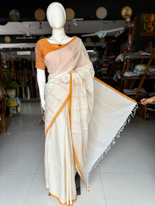 Cream pure soft cotton Kodiyala handloom saree with rust orange square butis