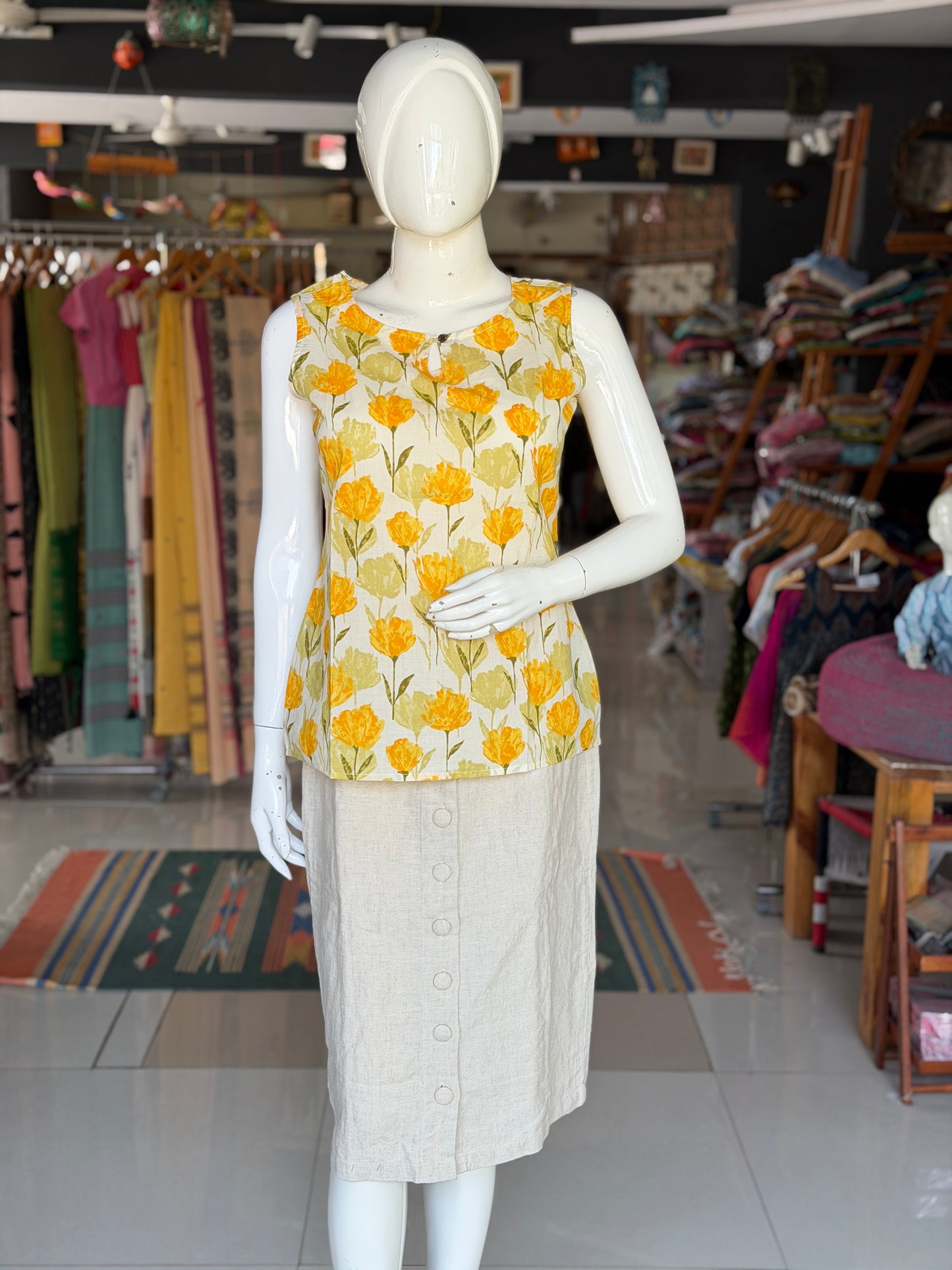 Cream and yellow cotton floral print sleeveless short top