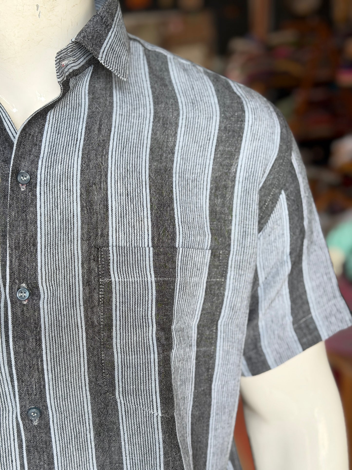 Navy blue stripes handwoven kala cotton half sleeves shirt for men - click to see sizes available