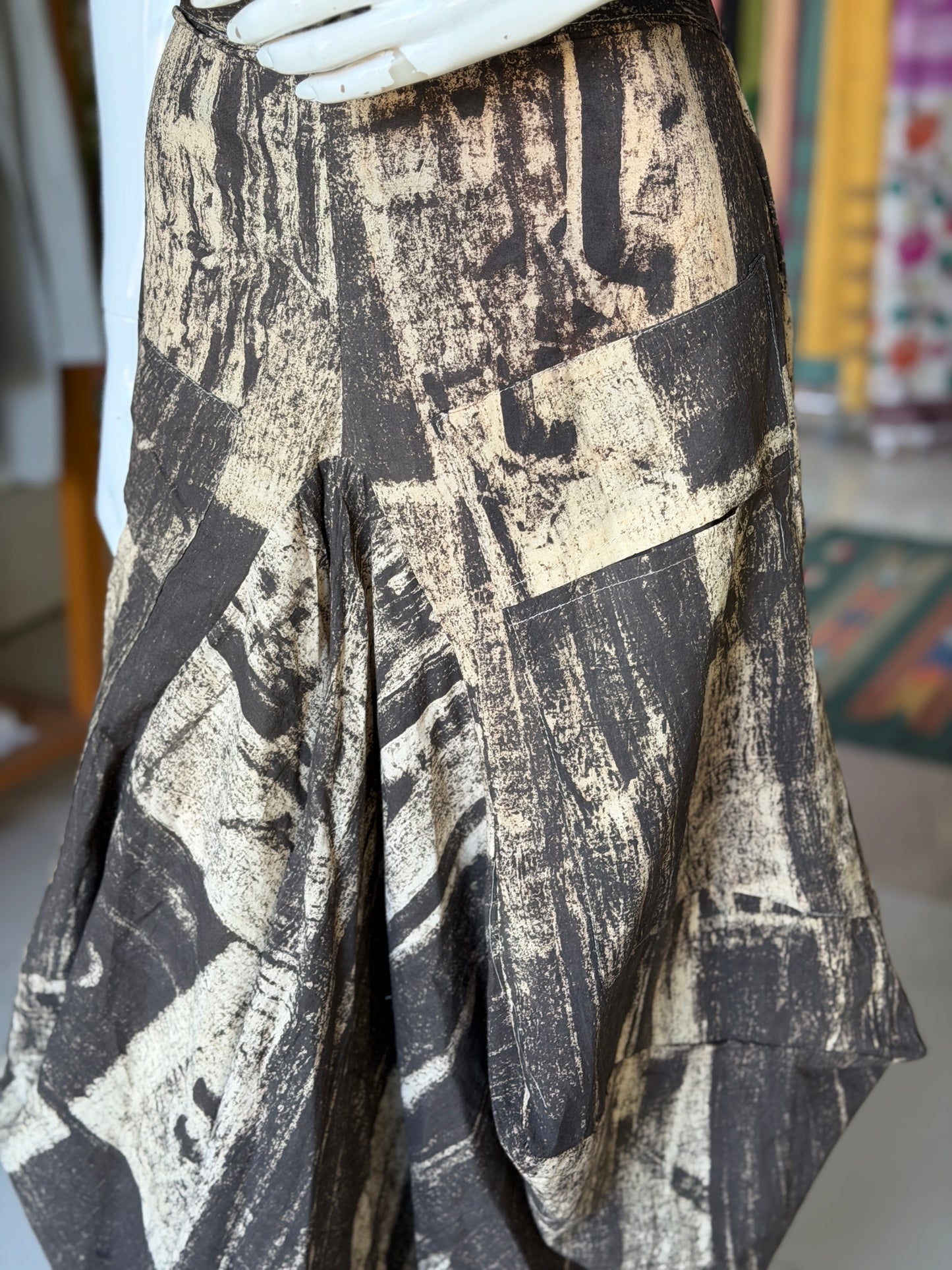Black and beige Ajrakh natural dyed, hand block printed cotton designer skirt - with pockets