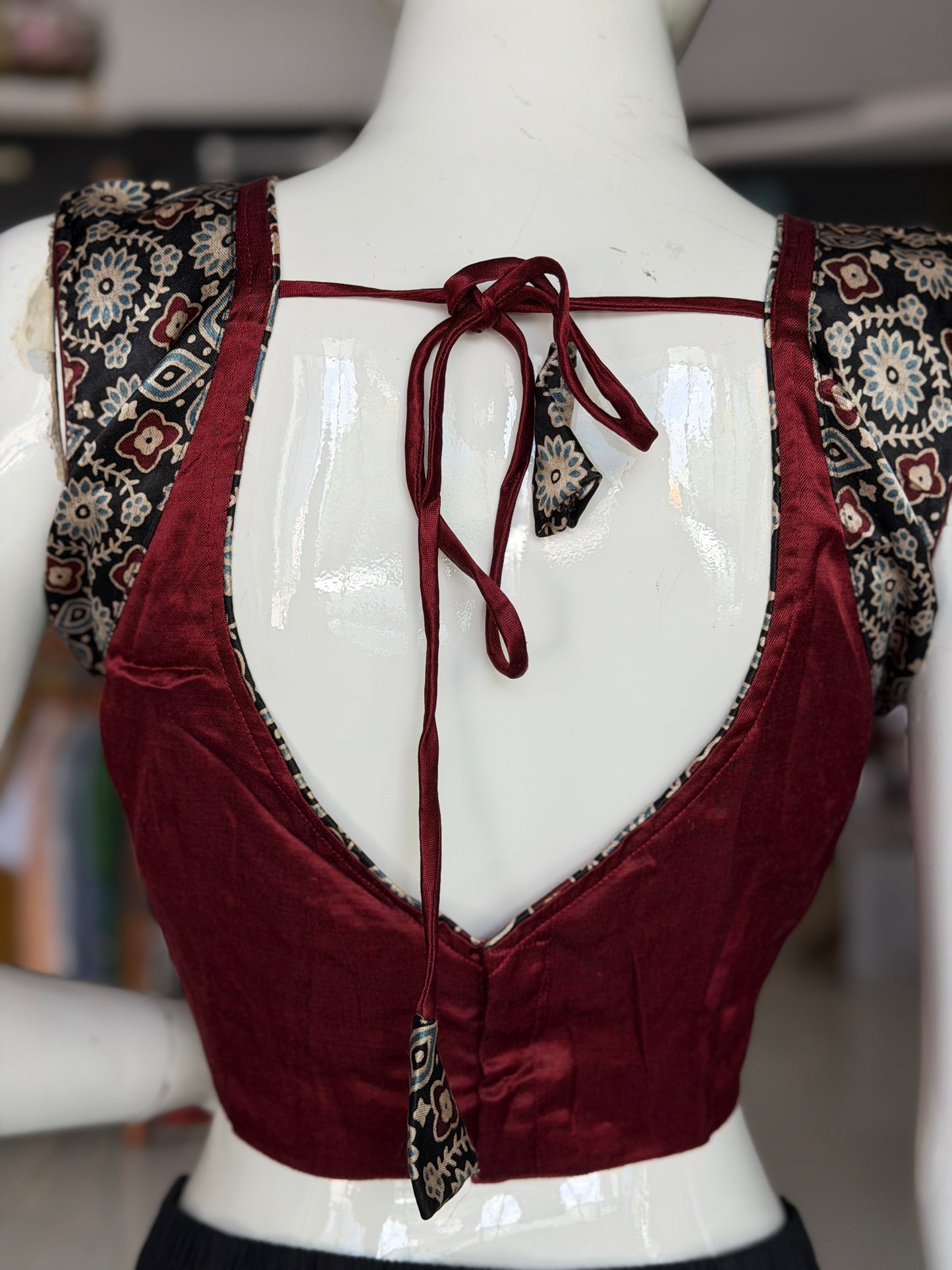 Ajrakh handblock printed Mashru sleeveless blouse with mirror embroidery - click to see colors