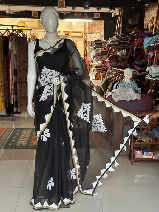 Black soft kota cotton saree with white flowers Applique patches