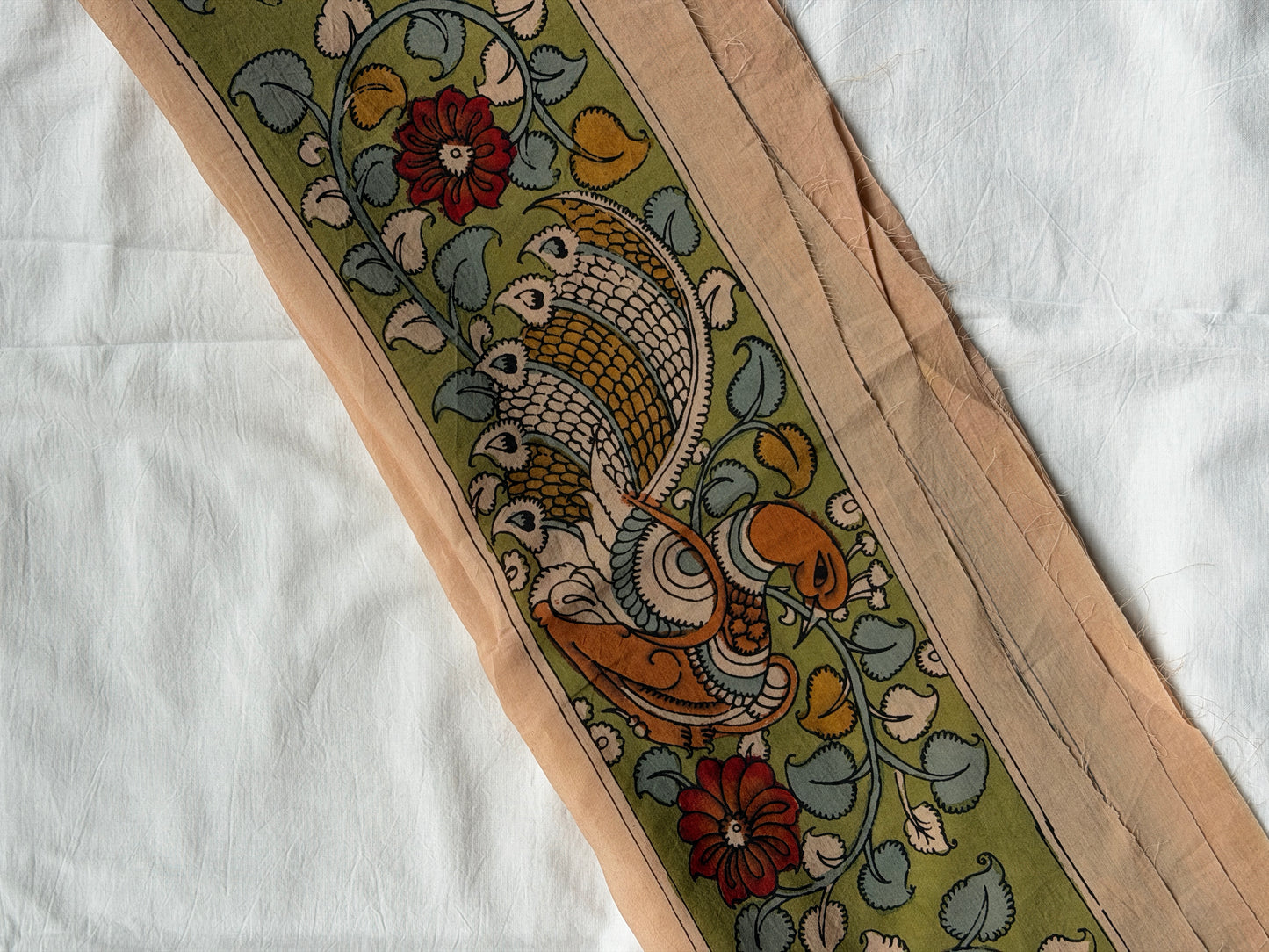 Green Silk pen Kalamkari hand painted border with peacocks and flowers design