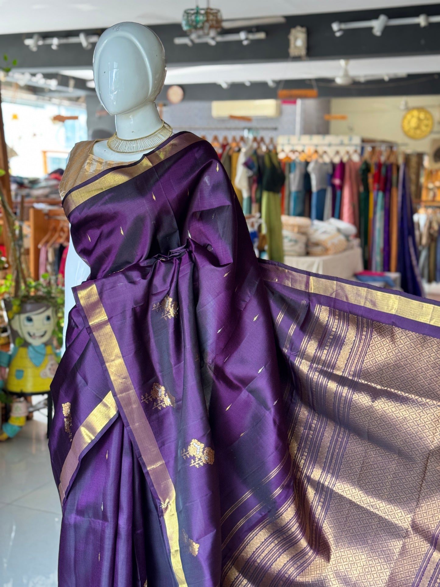 Purple gold n silver meena butis pure silk handloom Kumbakonam pattu saree