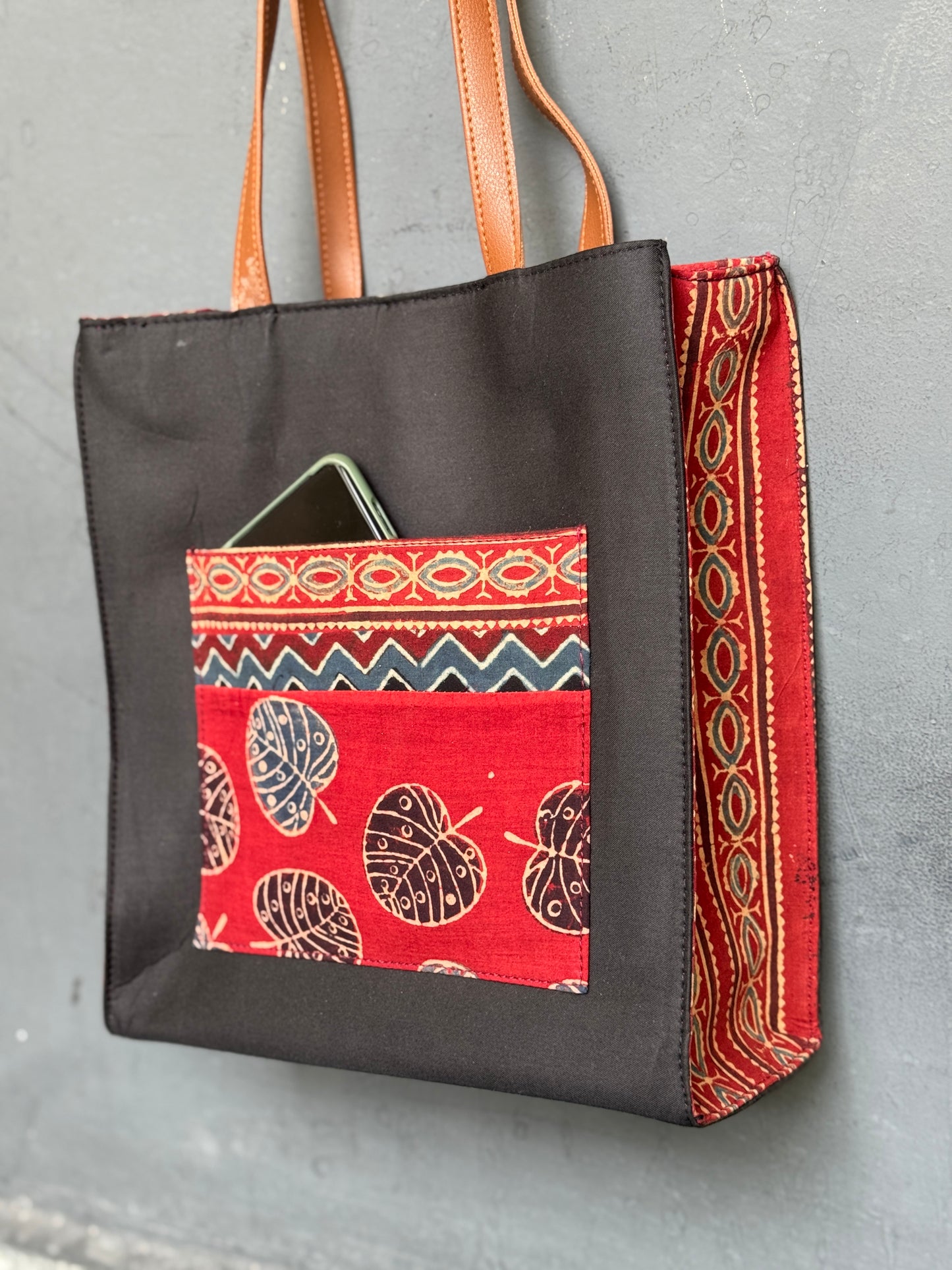 Wide base hand block printed, fabric tote bag with front patch pocket