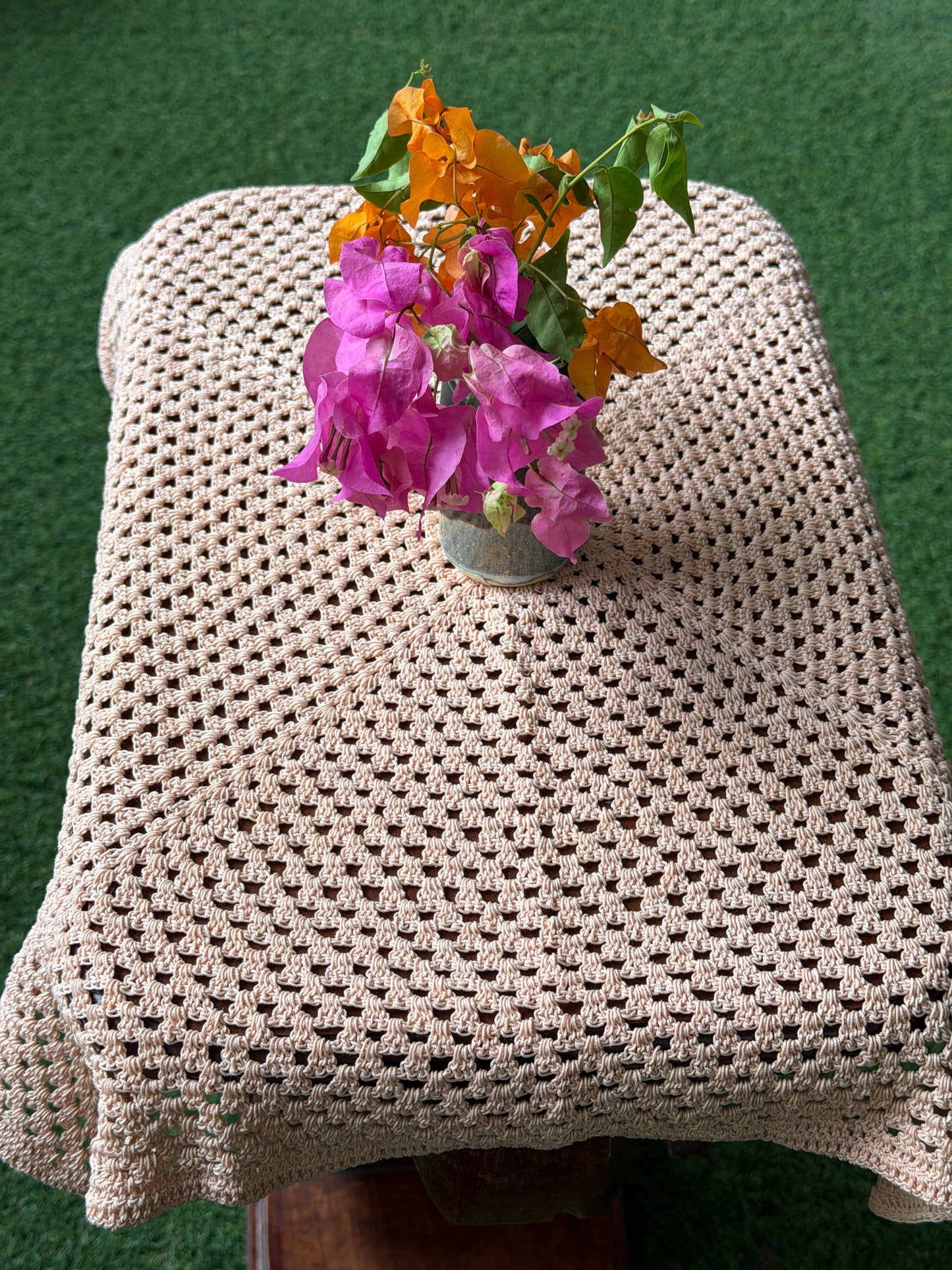 Light Peachish pink Square 18 x 18 inch Hand Crochet small table cover - hand crocheted with cotton yarn