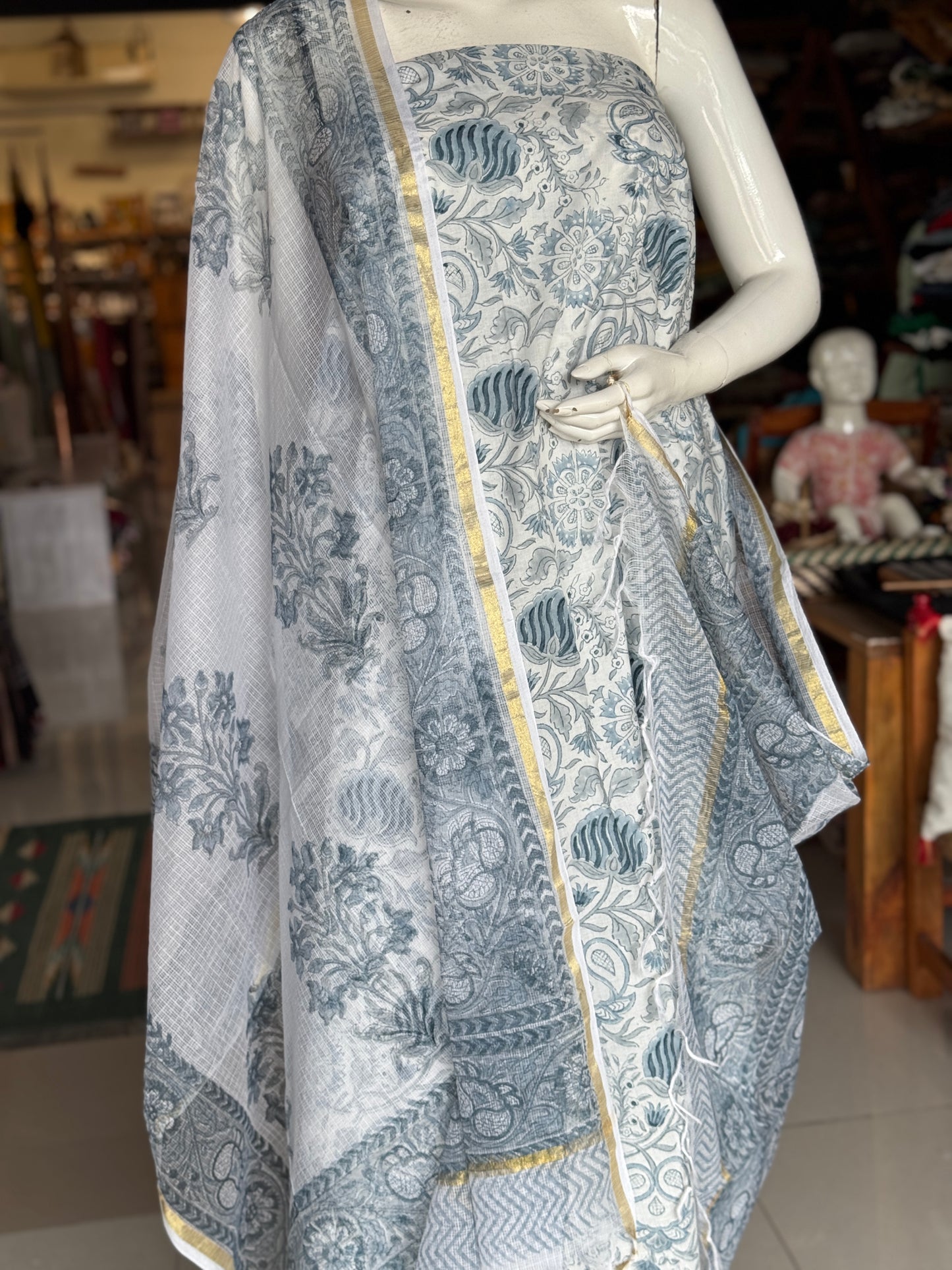 White n blue hand block printed cotton 3 piece unstitched suit set with kota doria dupatta
