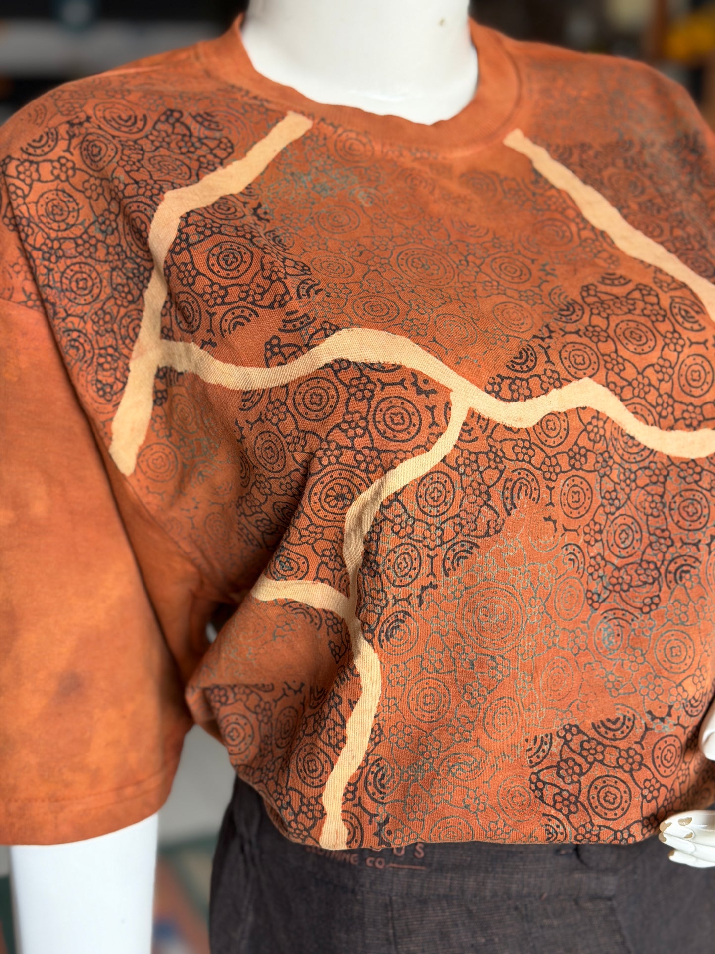 Rust orange Ajrakh hand block printed, natural dyed, unisex cotton t-shirt