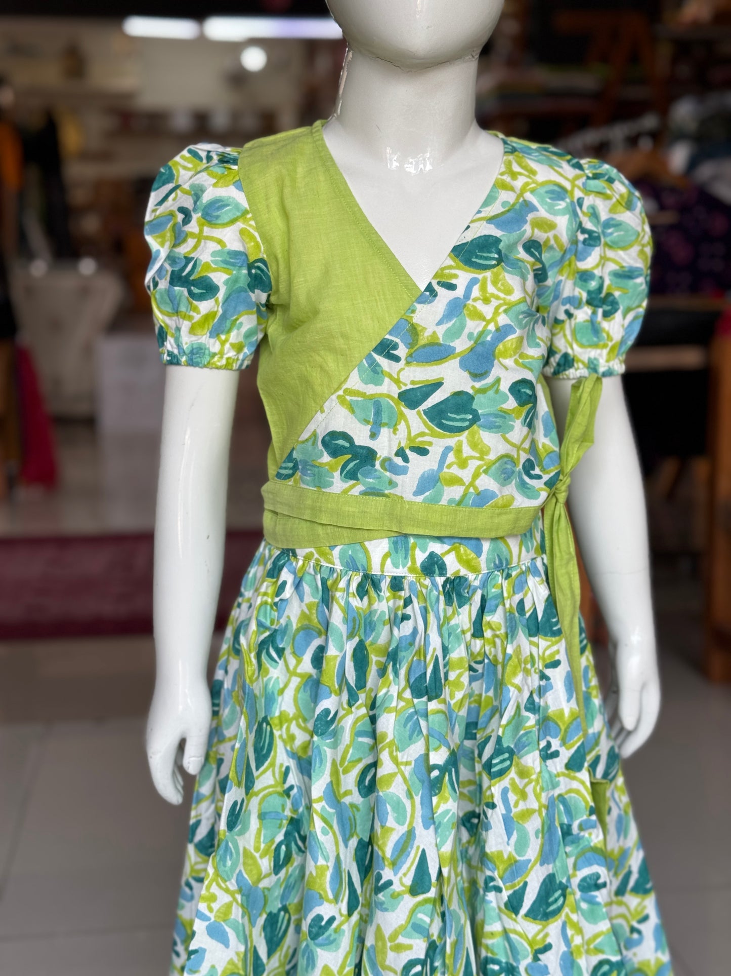 Blue green hand block printed cotton lehenga skirt and wrap top - 2 piece set for girls