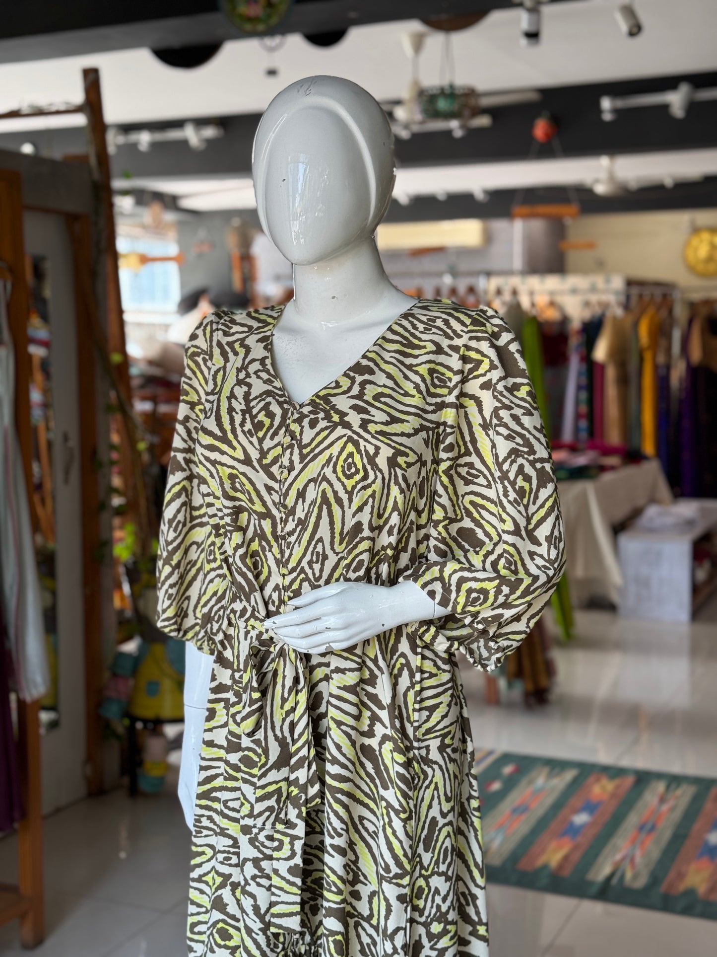 Moss Georgette grey green animal print dress with belt