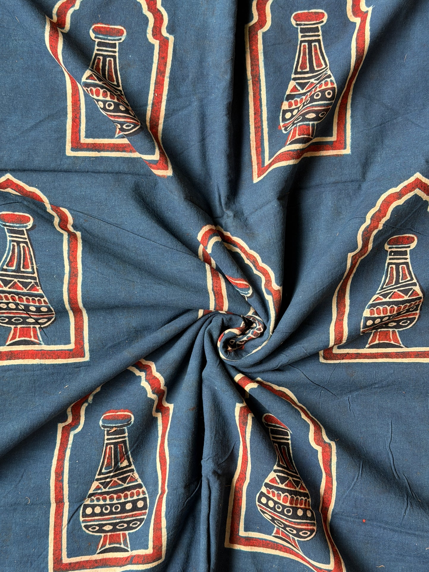 Indigo cotton fabric with vase / pot Ajrakh hand block prints