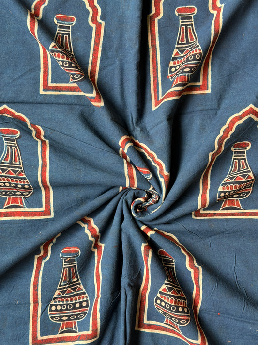 Indigo cotton fabric with vase / pot Ajrakh hand block prints