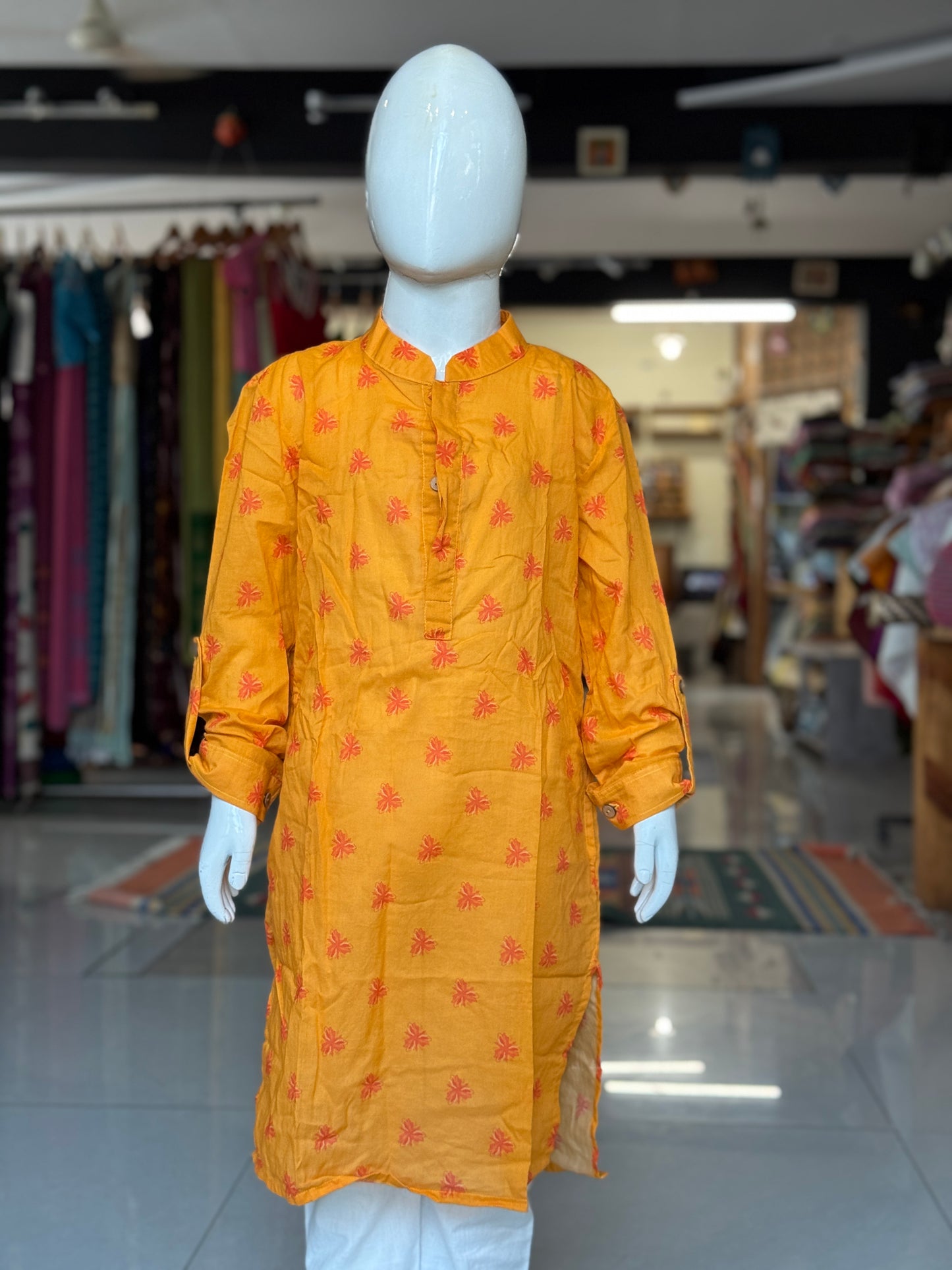 Orange flower handblock printed kurta for boys