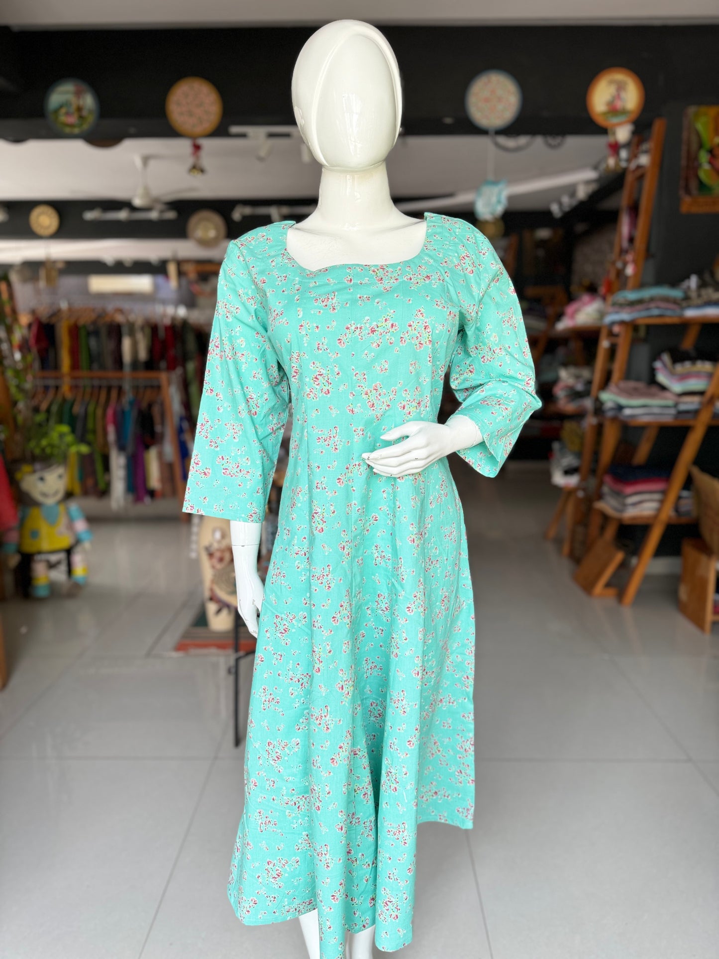 Sea green small flowers hand block printed cotton kalis dress