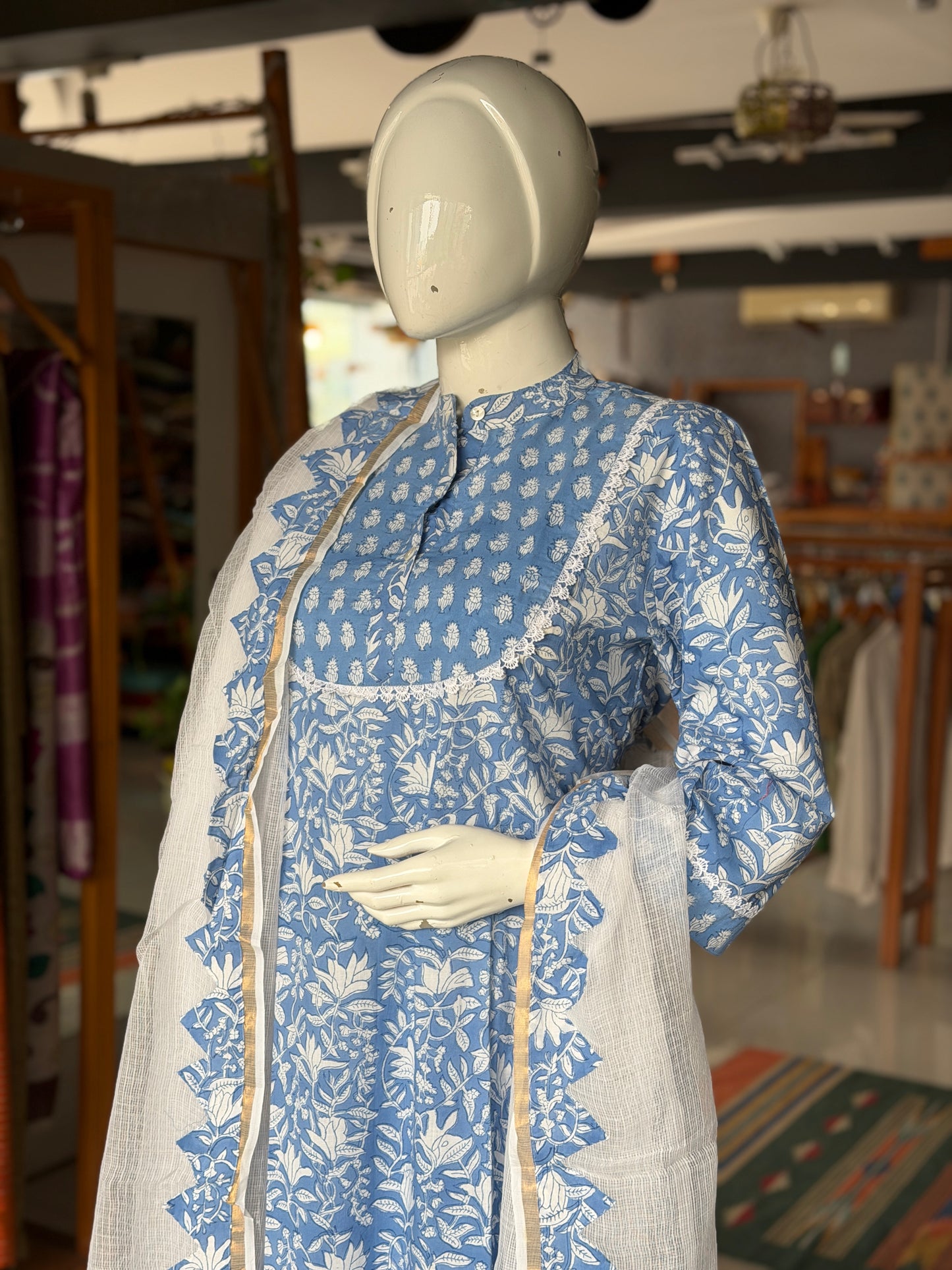 Blue floral hand block print flared kurti, pants and dupatta - 3 piece set with kota patch with dupatta