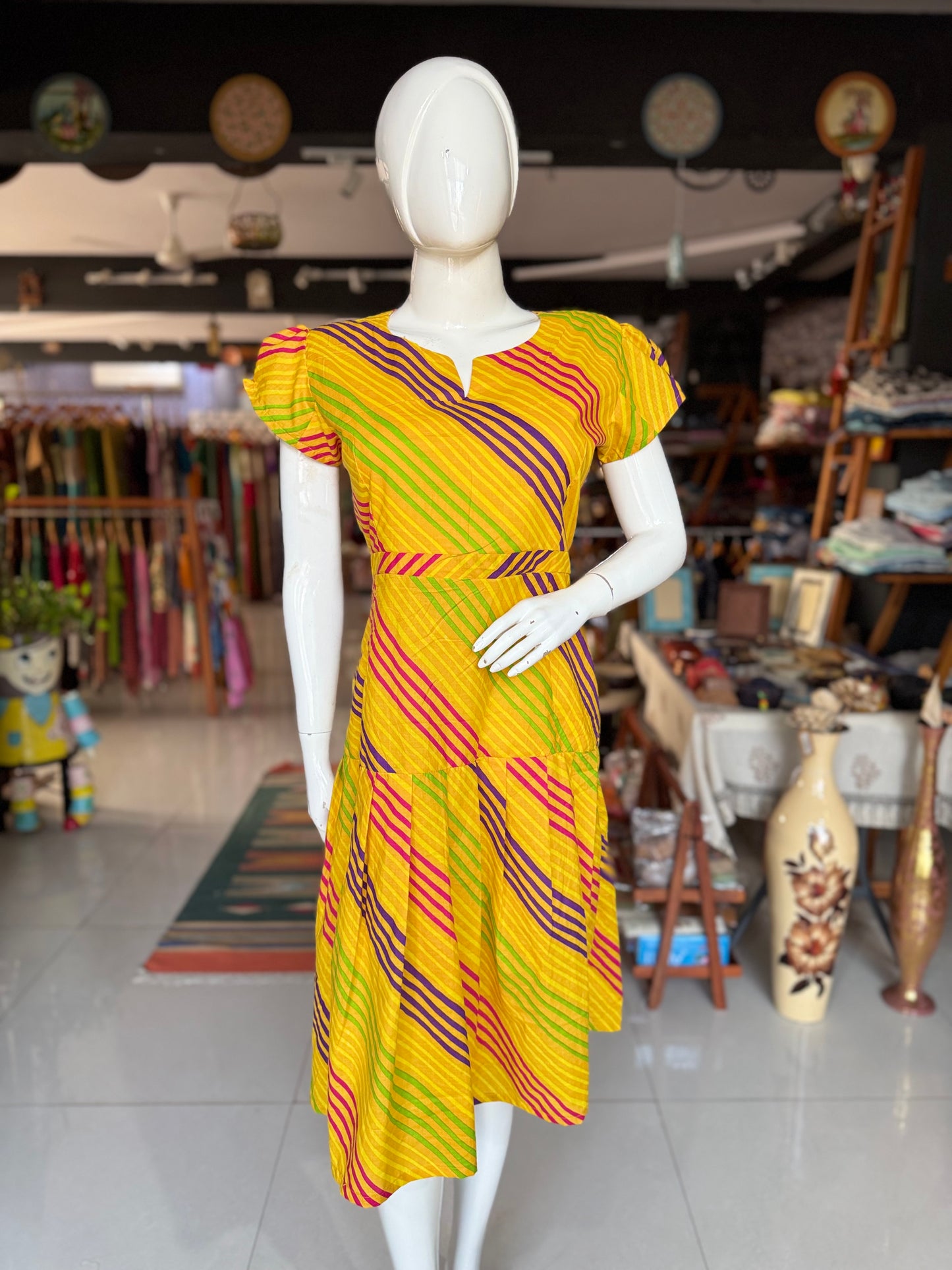 Yellow screen printed leheriya cotton dress