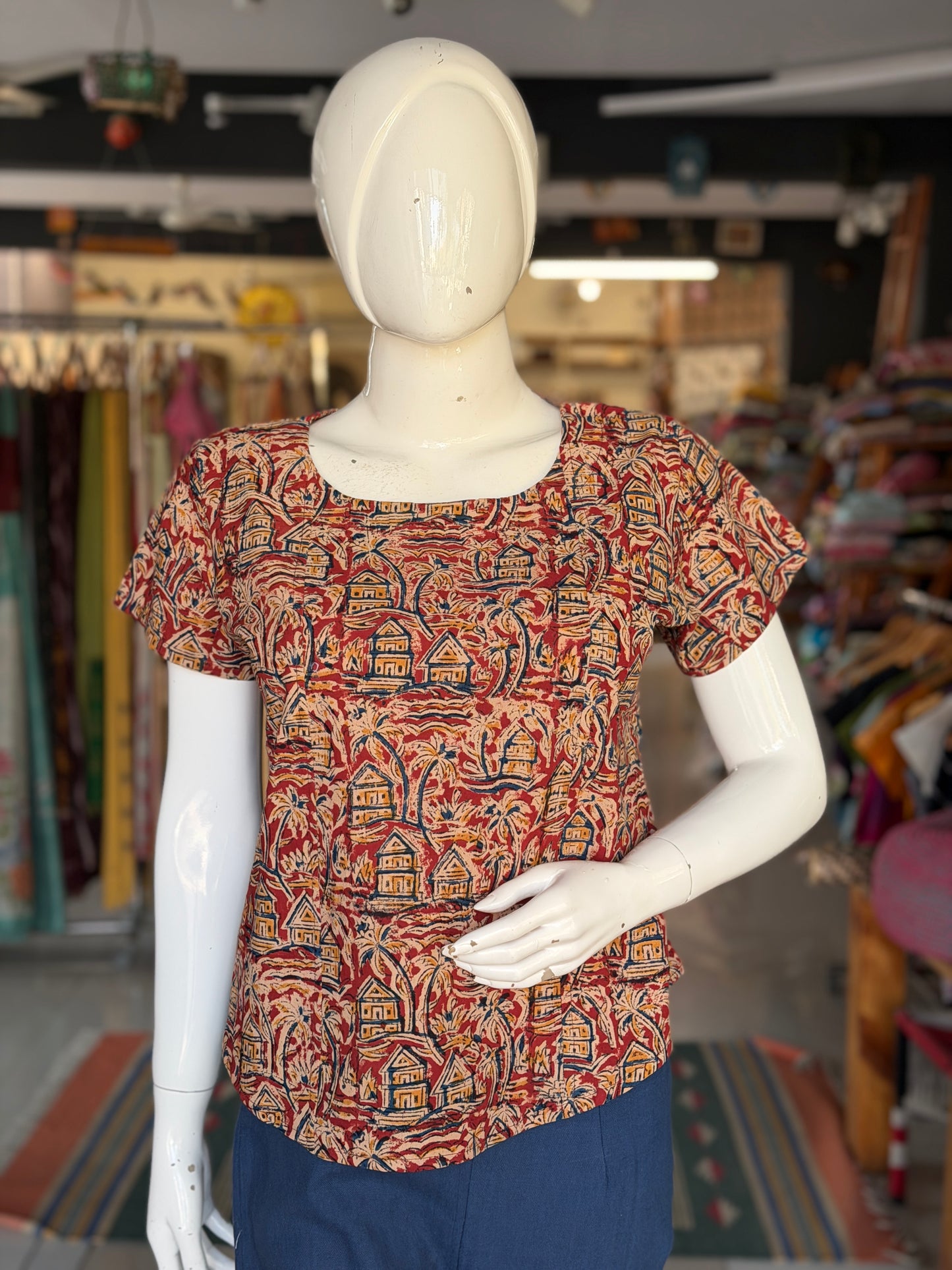 Maroon houses n trees handblock printed Kalamkari cotton top