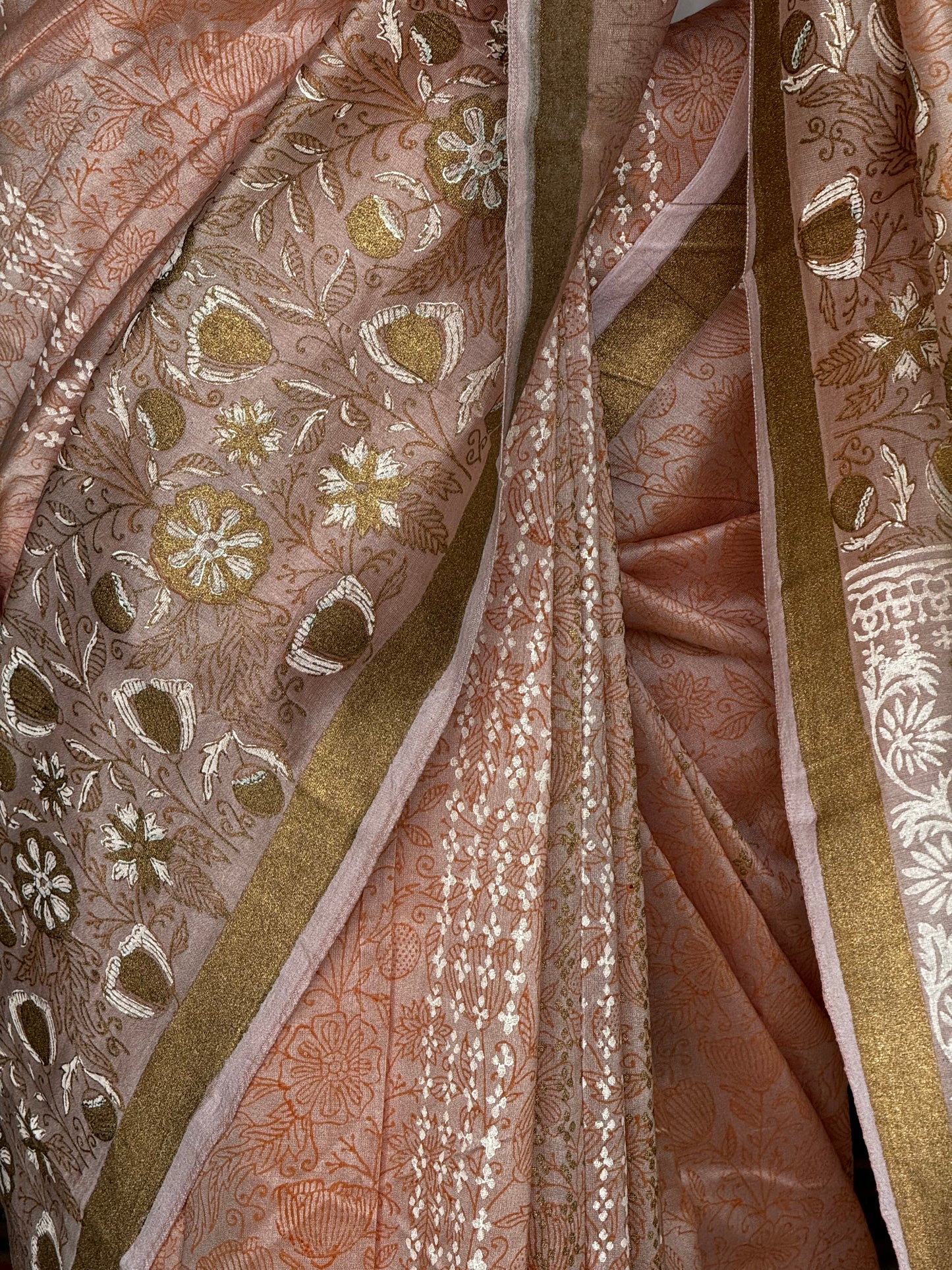 Peach hand block print silk cotton saree