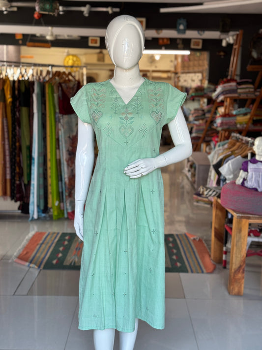 Pista green Tangaliya handwoven cotton dress with box pleats