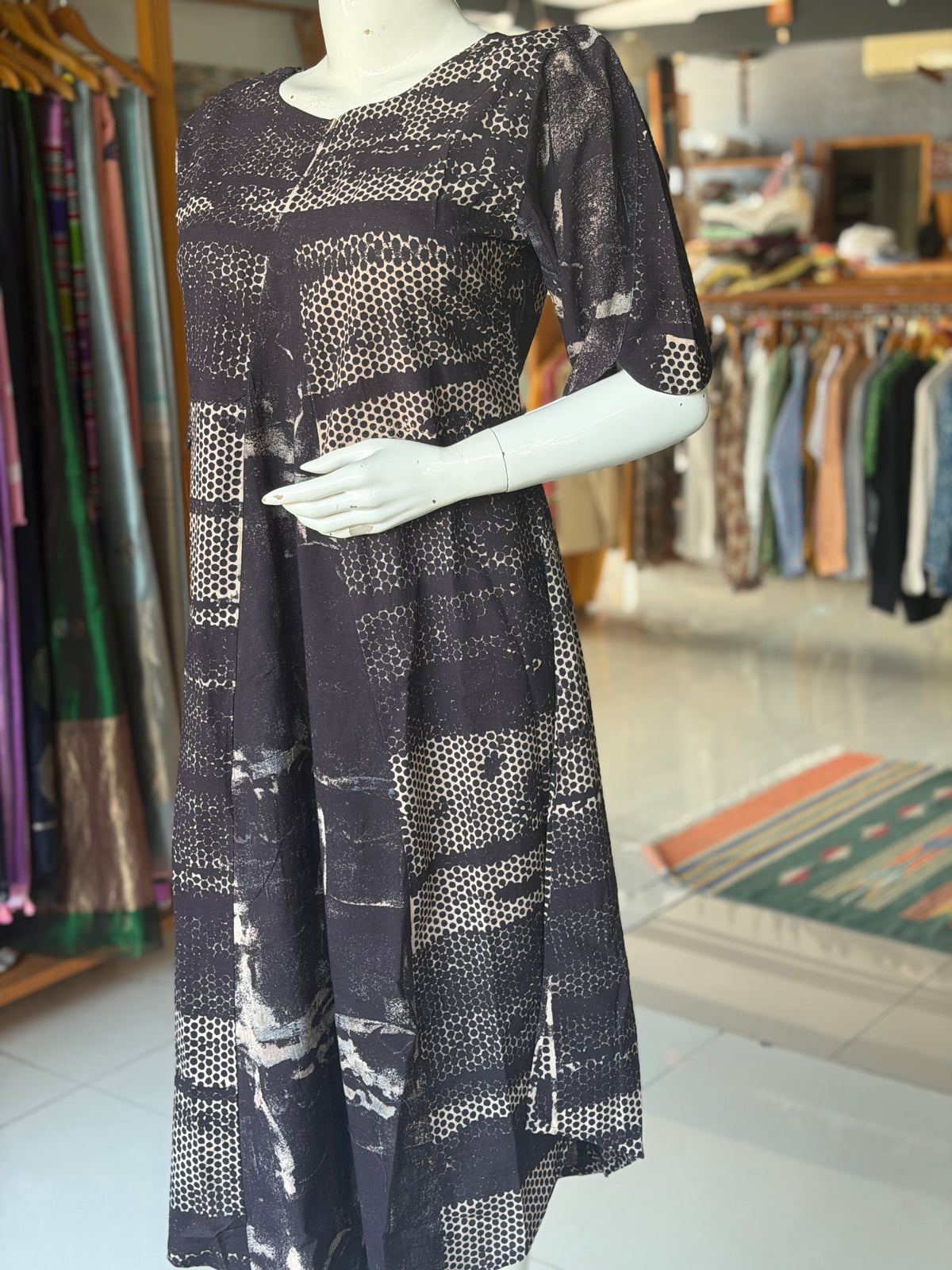 Black and beige hand block printed cotton dress