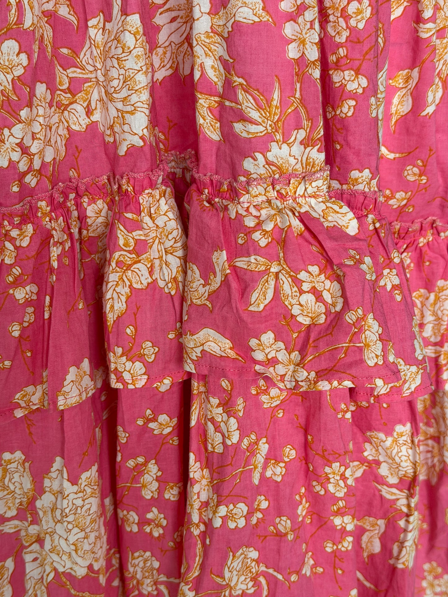 Pink floral cotton knee length tiered frills dress - free size with elastic waist